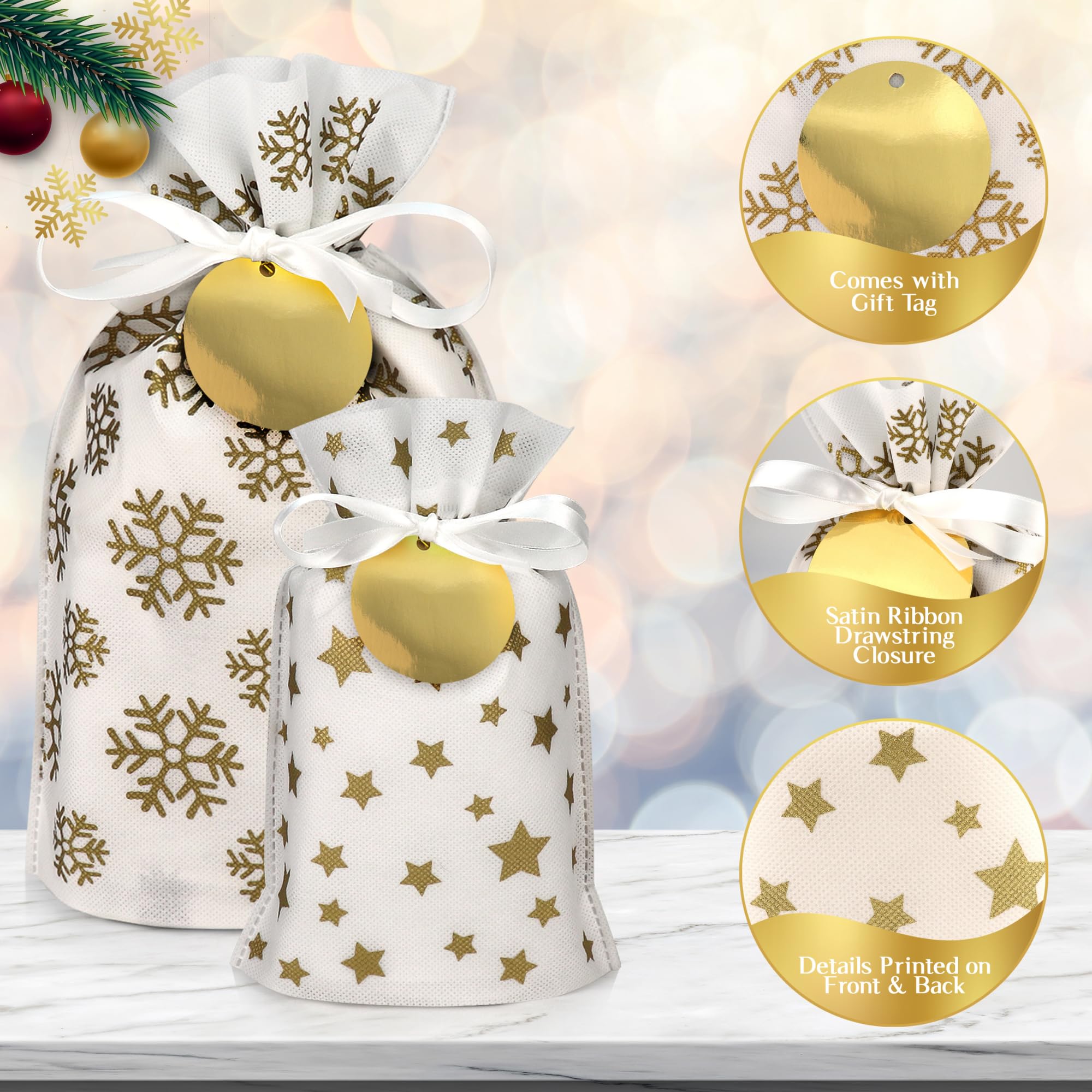 6-Piece Reusable Christmas Fabric Gift Bags with Drawstring - Large Holiday Present Wrapping Bags in Gold (Assorted Sizes) - Perfect for Holiday Gifts, Party Favors & Stocking Stuffers
