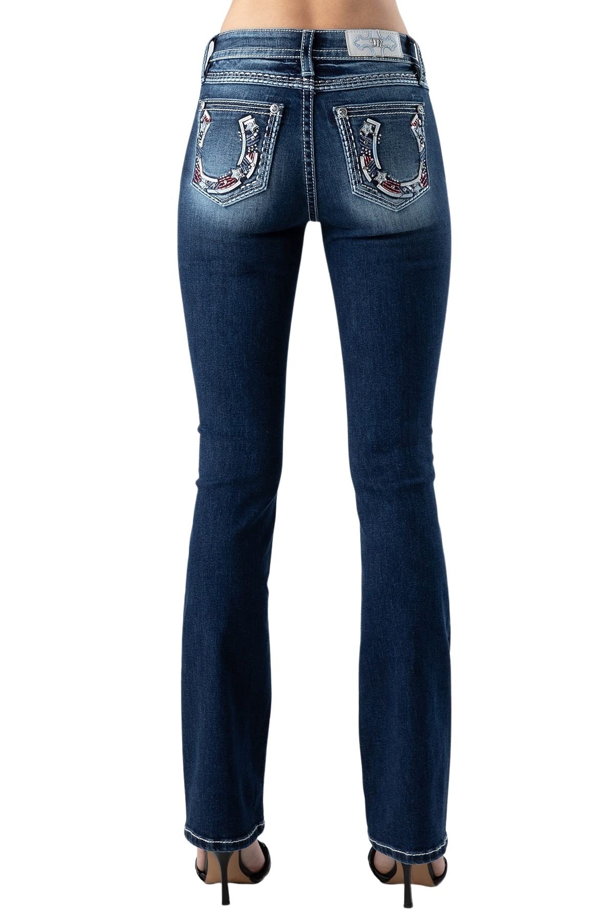 Miss Me Women's Mid-Rise Bootcut Jeans with American Horseshoe Embellishment - Stylish Denim Pants for Casual Wear, Night Out & Western Fashion