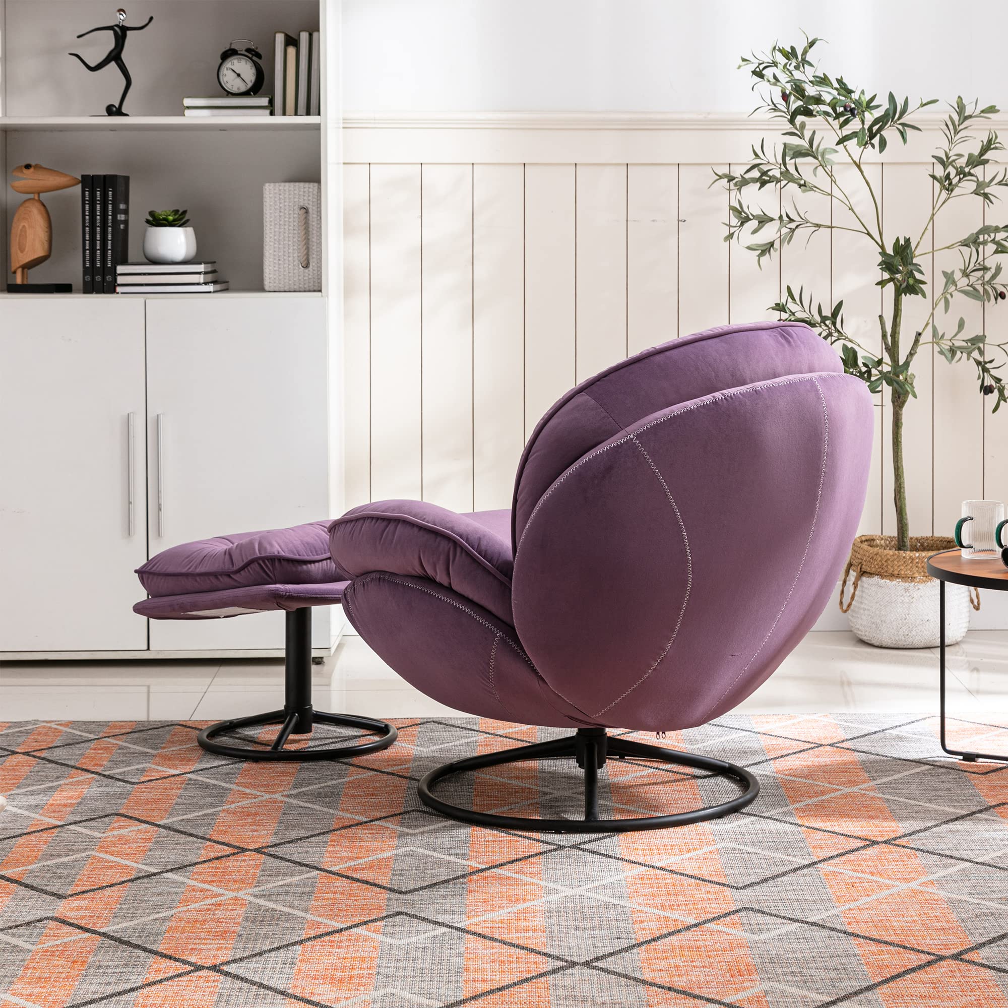 Polibi Swivel Accent Armchair with Ottoman - Modern Velvet Upholstered Lounge Chair with Sturdy Metal Frame for Living Room, Bedroom & Office - Purple Comfort Chair for Reading, TV Watching & Relaxing