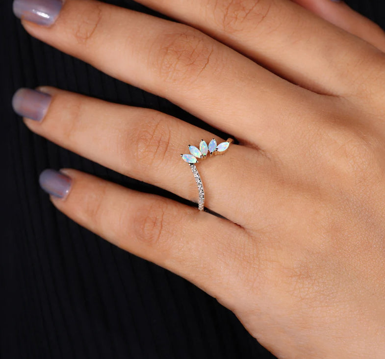 4 Marquise Natural Fire Opal with Small Round Zircon Ring - Elegant Jewelry for Weddings, Parties & Special Occasions