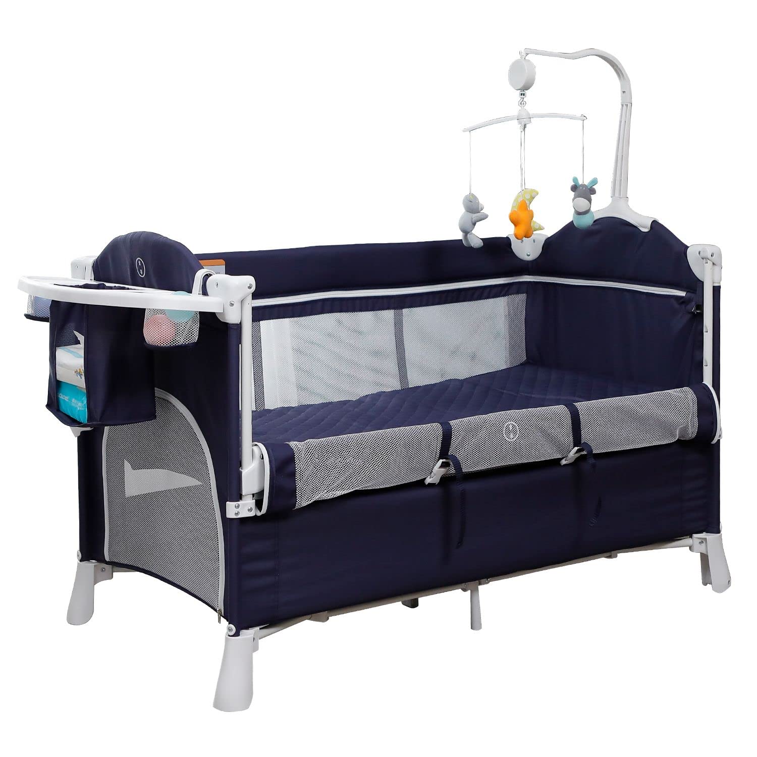 FAMAPY 5-in-1 Convertible Baby Bassinet with Removable Changing Table & Storage Organizer, Adjustable Bedside Sleeper with Soothing Music & Wheels, Includes Cradle Brackets - Portable Travel Crib for Newborns & Infants (Navy Blue, 49.6”W x 27.6”D x 29.9”H) - Perfect for Nursery, Bedroom Co-Sleeping & Family Travel