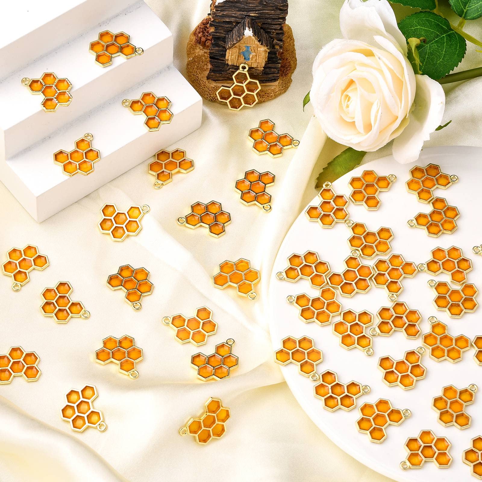 50pcs Enamel Honeycomb Bee Charms - Mini Gold & Silver Jewelry Making Supplies for DIY Bracelets, Necklaces & Crafts - Perfect for Beekeeping Gifts & Boho Style Accessories