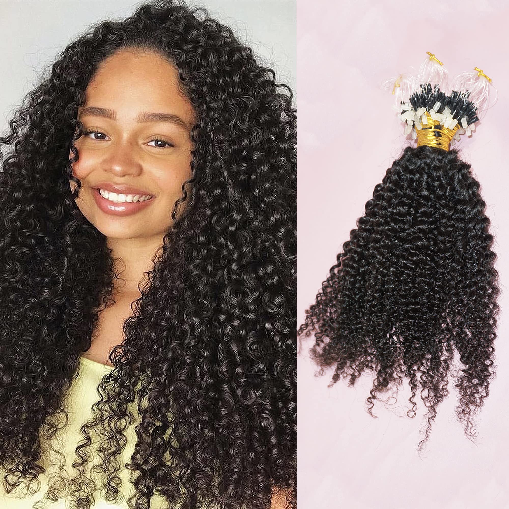 Kinky Curly Micro Link Hair Extensions - 50 Strands 100% Remy Human Hair for Black Women | Natural Color Curly Micro Loop Ring Extensions for Everyday & Special Occasions