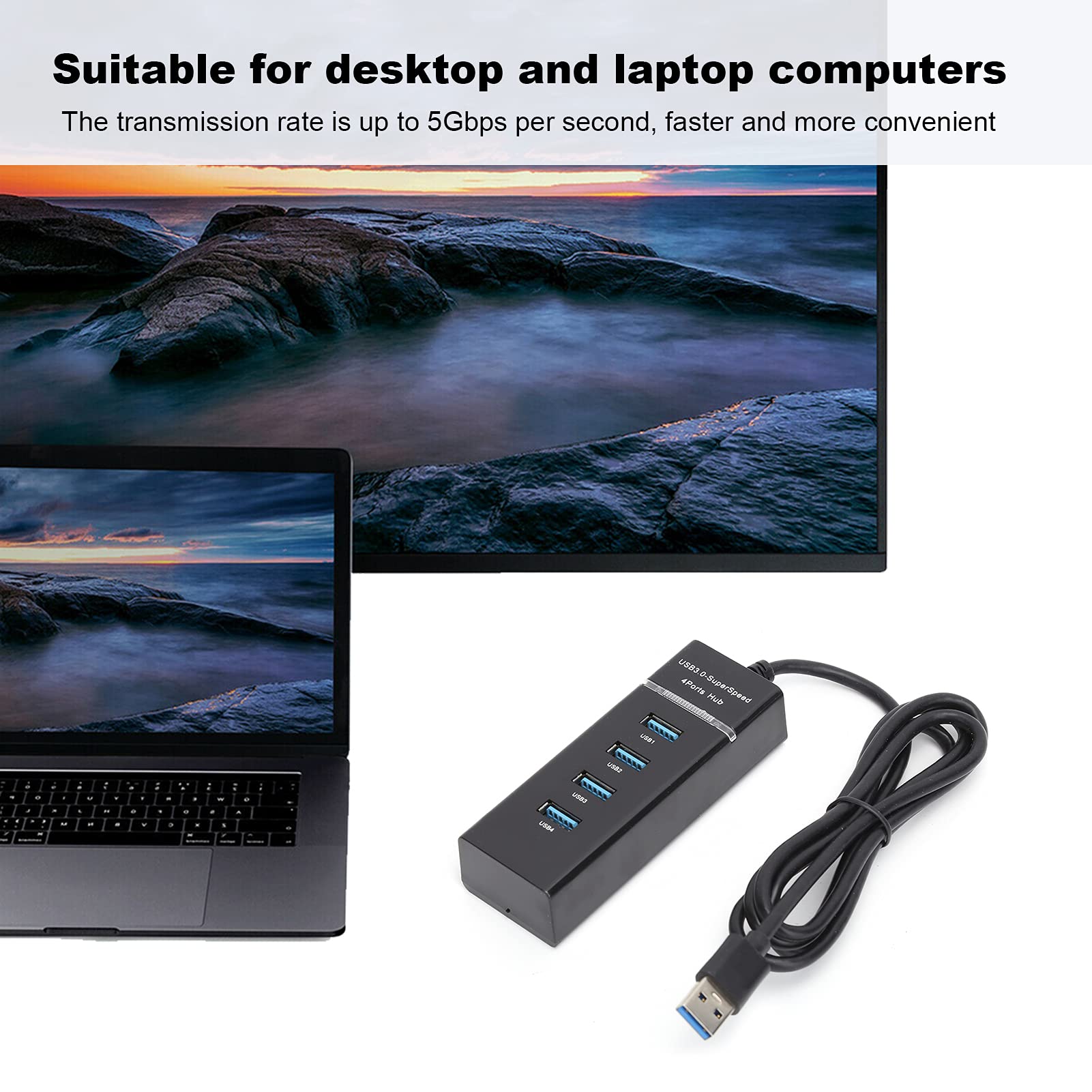 4-Port USB 3.0 Hub with Fast Data Transfer & Charging - USB Male to Female Extender Adapter for PC, Laptop, MacBook - Perfect for Home Office, Gaming & Multi-Device Connectivity