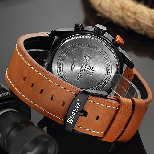 Men's Chronograph Sport Watch - Brown Leather Strap Quartz Analog Watch for Business Casual & Everyday Wear - Waterproof Wristwatch for Office, Dating & Outdoor Activities