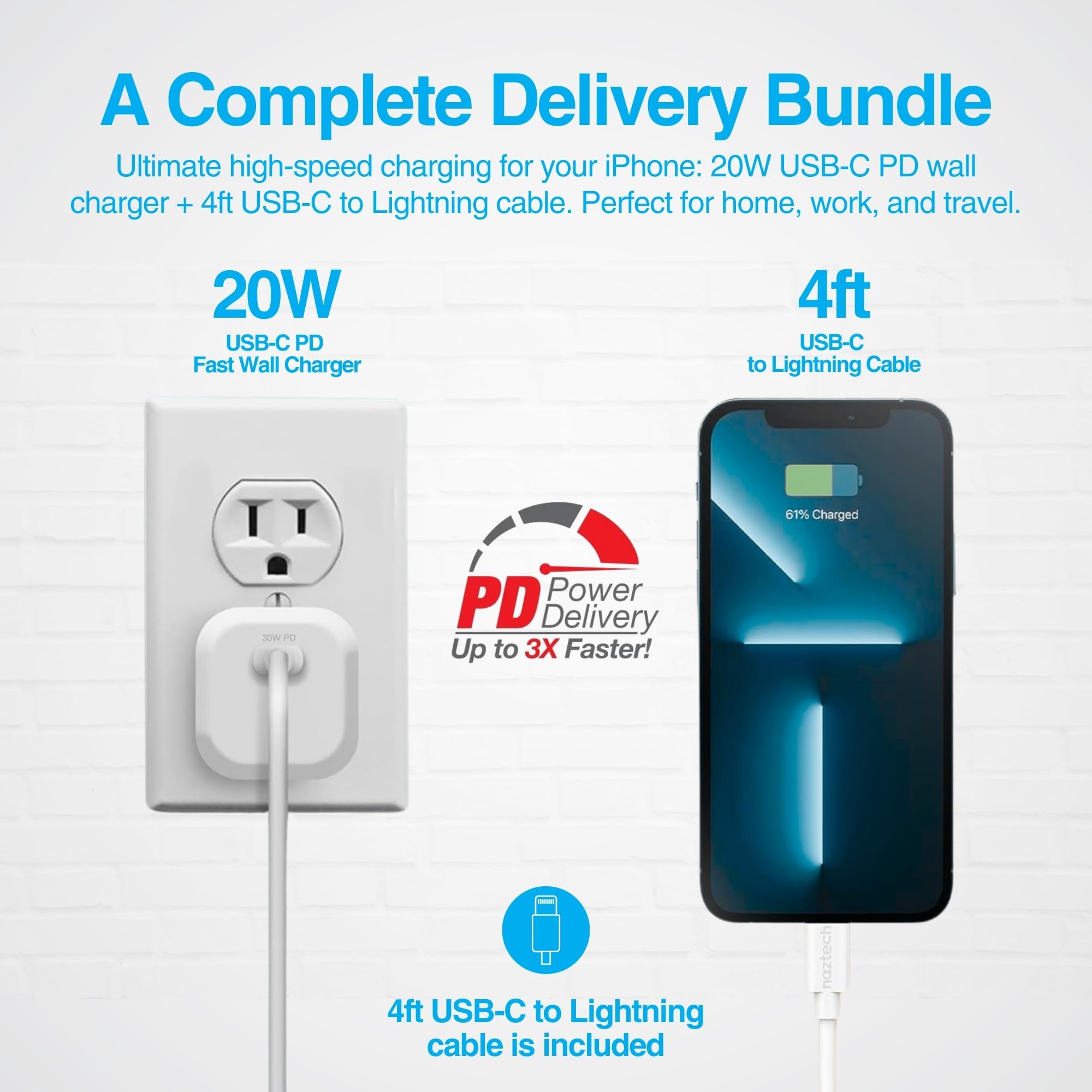 Naztech 20W USB-C PD Fast Wall Charger with 4ft USB-C to Lightning Cable - MFi Certified for iPhone, Fast Charging Adapter for Android Phones, MacBook, iPad, Travel Charger - White - Perfect for Home, Office & Travel Charging Needs