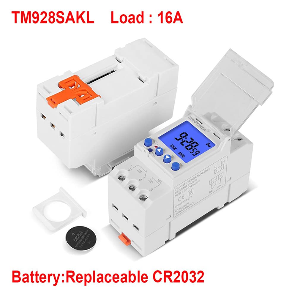 TM928SAKL Rail Timer with Backlight - Large Screen Display, 85-265V 16A, 1 Second Min Interval, 7-Day Programmable DIN Rail Timer for Home Automation & Industrial Control