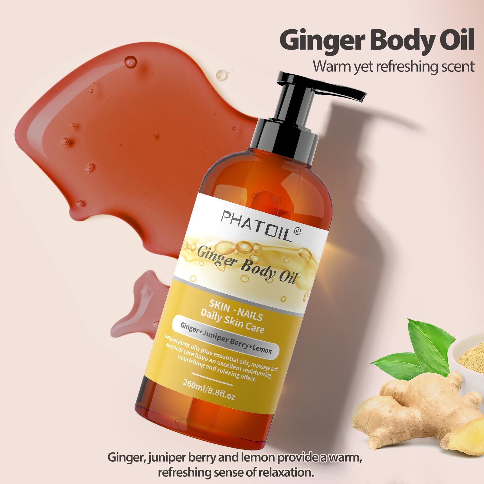 Premium Sandalwood & Ginger Body Oil 260ml - Large Bottle for Deep Skin Moisturizing & Hydration | Perfect for Massage, Aromatherapy & Daily Skincare Routine
