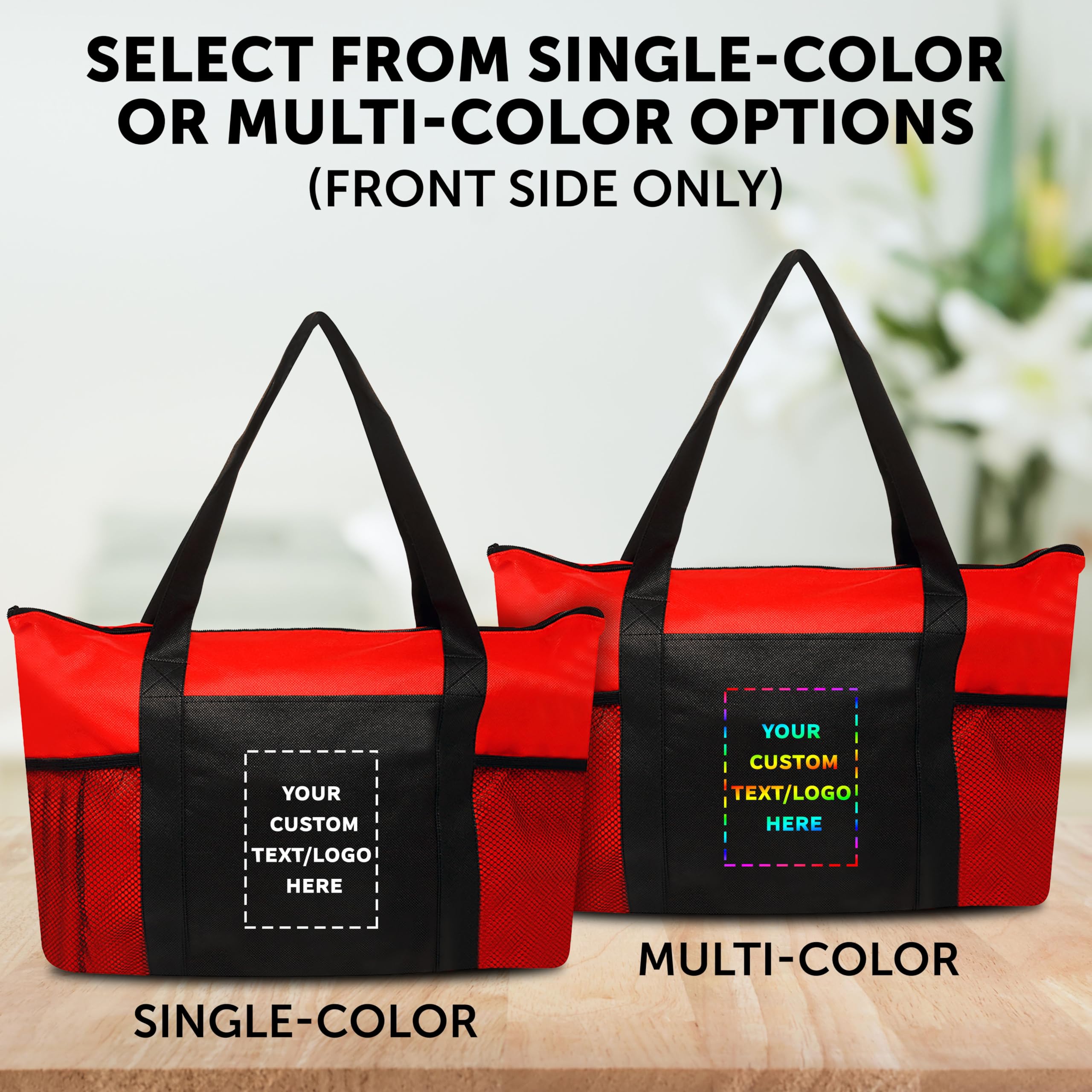 100 Pack Customizable Zippered Non-Woven Tote Bags with Mesh Pocket - Eco-Friendly Reusable Shopping Bags (19