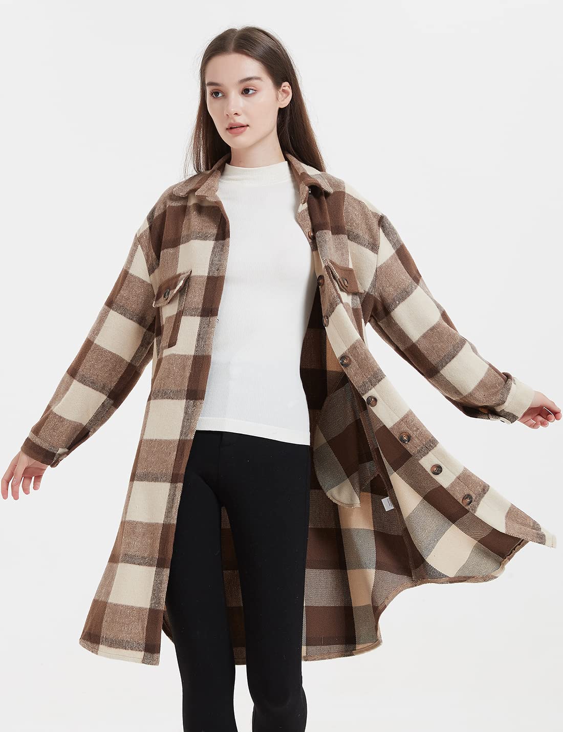 Happlan Women's Vintage Plaid Flannel Shacket - Button Down Lapel Cardigan Jacket for Dressy Casual Outfits | Perfect for Fall Layering, Office Wear & Weekend Outings