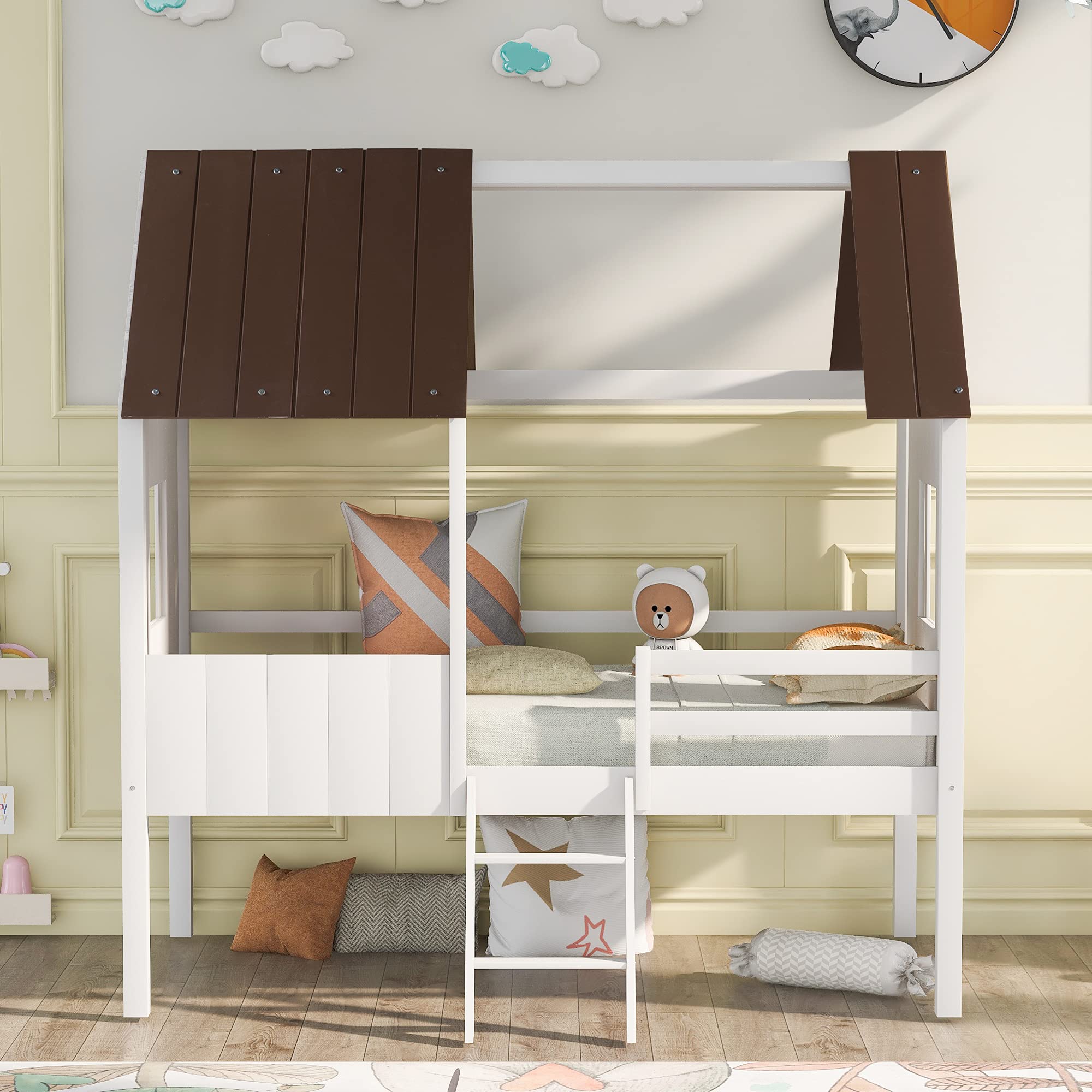 SIYAHOME Twin Size Low Loft Wood House Bed Frame with Steel Slatted Support, Ladder & Safety Rail - Antique Gray & White Kids Bed for Boys, Girls & Toddlers | Perfect for Small Bedrooms, Playrooms & Montessori Style Decor