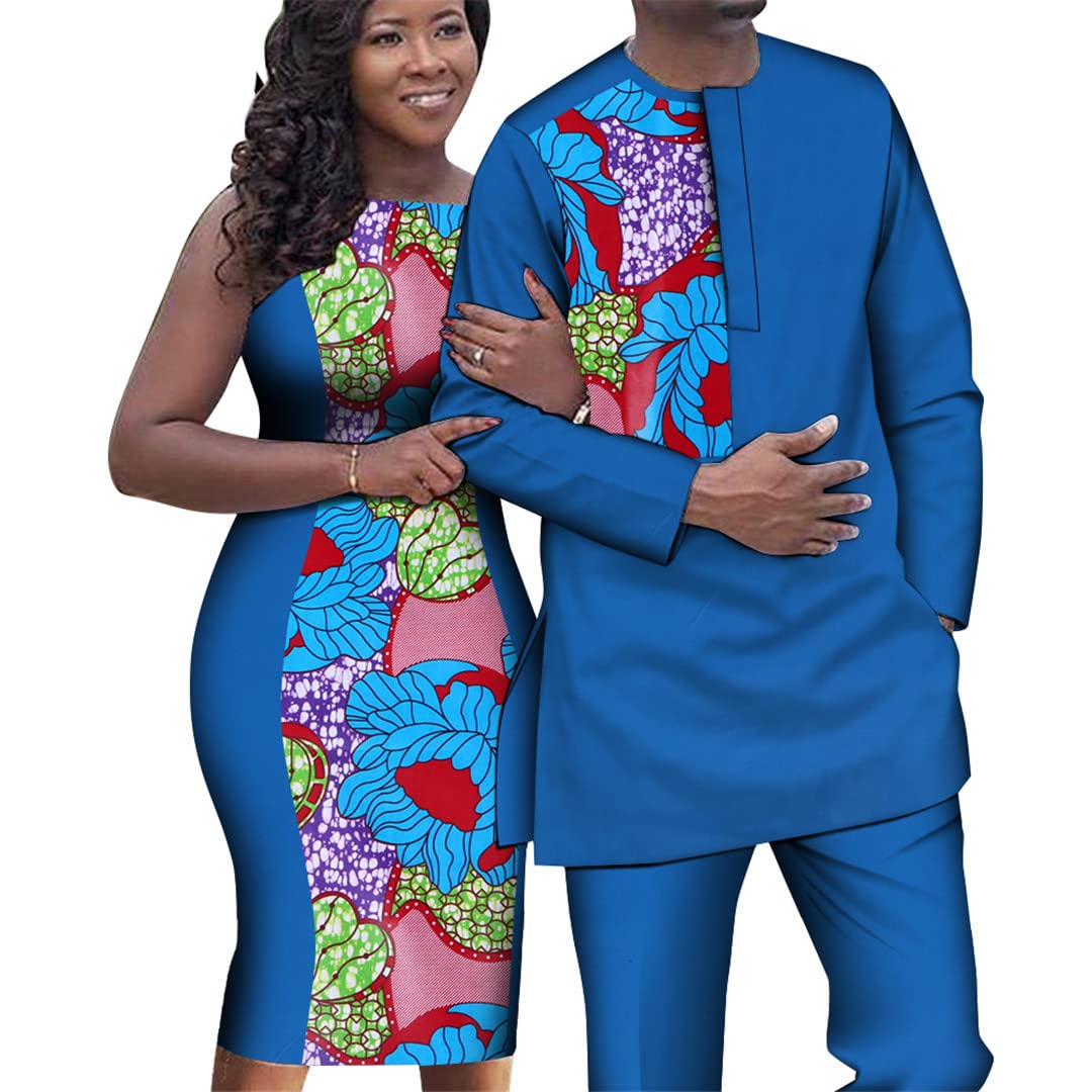 African Couple Outfits - Women's Sleeveless Slim Dresses & Men's Dashiki Shirt & Pant Set - Matching Traditional African Clothing for Weddings, Parties & Cultural Events (Size 19)