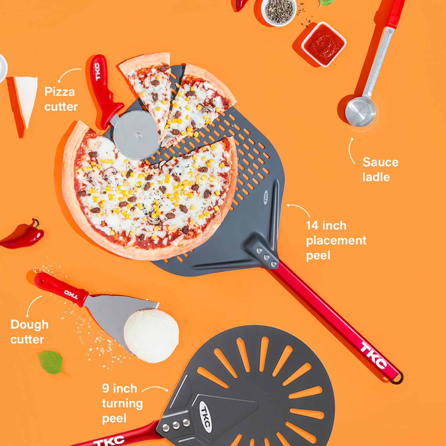 TKC 14 Inch XL Perforated Pizza Peel & 9 Inch Turning Peel Set with Dough Cutter, Pizza Wheel & Sauce Ladle - Commercial Grade Pizza Spatula for Home Kitchen & Professional Pizzeria Use