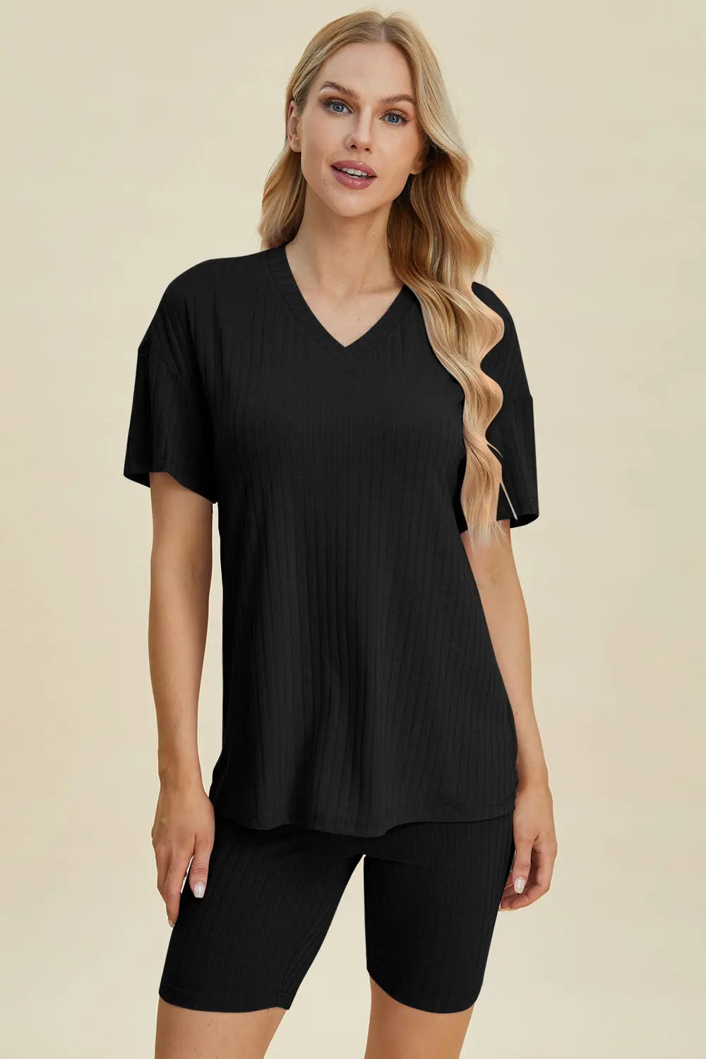 Basic Bae Full Size Ribbed V Neck Short Sleeve Top and Shorts Set - Women's Casual Summer Outfit for Beach, Lounge & Everyday Wear