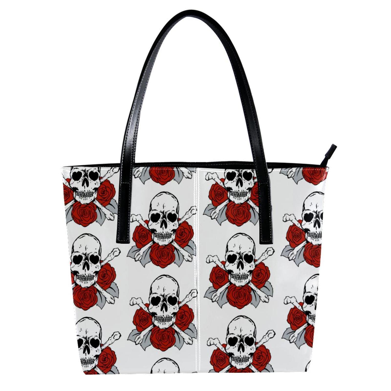 Stylish Skulls & Red Roses Leather Tote Bag for Women - Large Capacity Shoulder Purse for School, Work & Daily Use | Fashionable Gothic Handbag for Casual Outings & Office