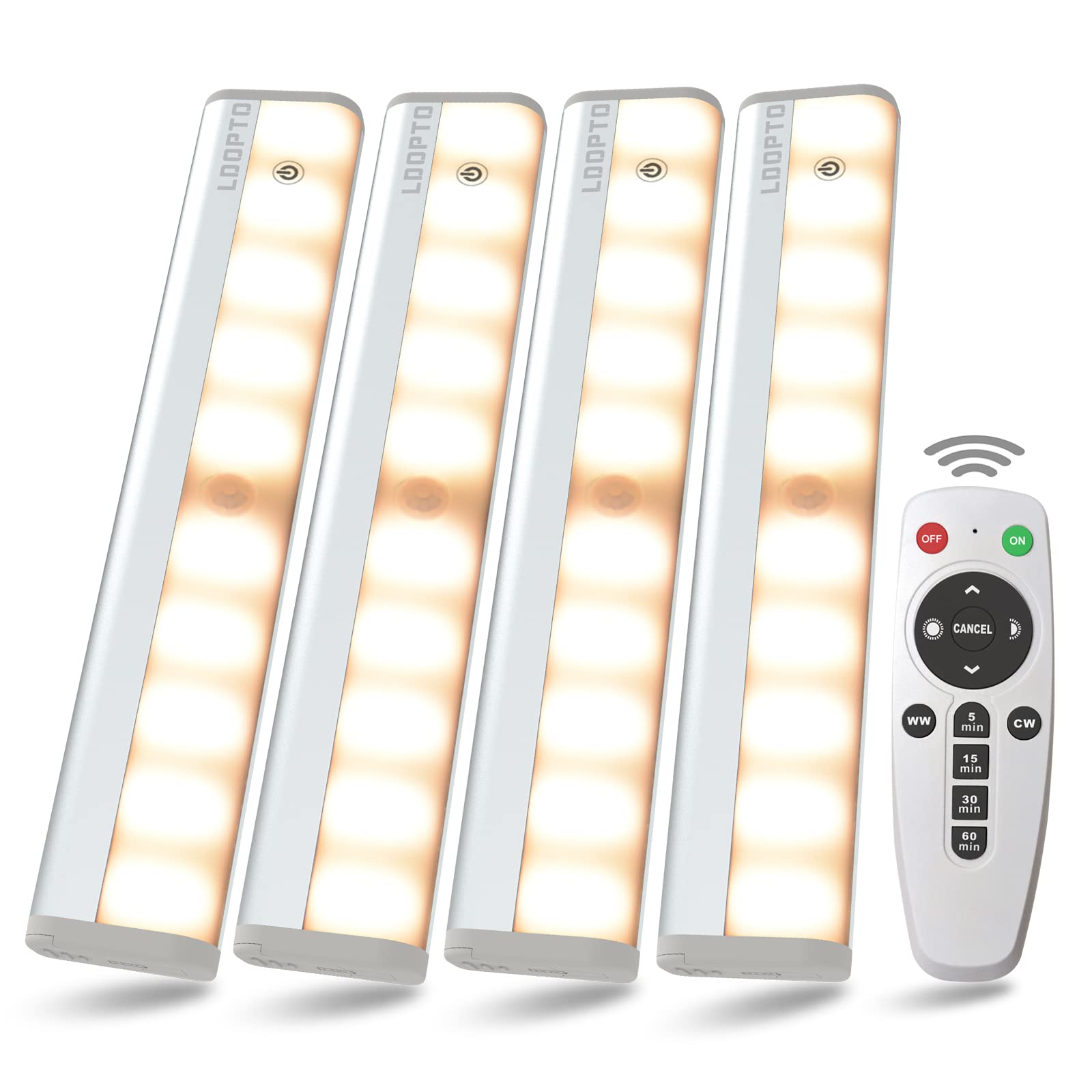 LDOPTO Wireless Under Cabinet Lights with Remote - Dimmable Battery Operated LED Closet Lights, Motion Sensor Activated Night Light for Kitchen, Hallway, Stairway (3 Color Options, 4 Pack) - Perfect for Dark Spaces, Pantry Lighting & Bedroom Safety