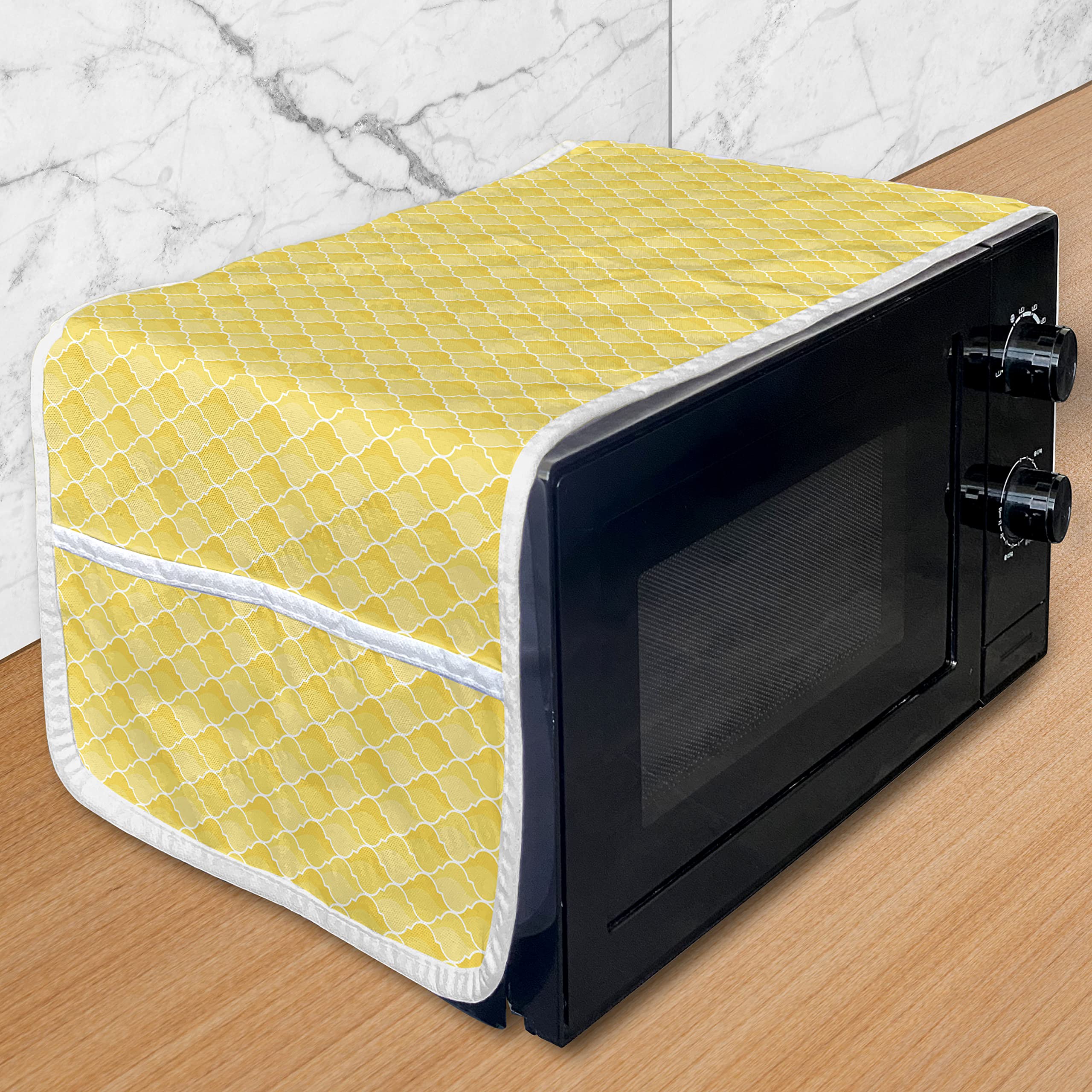 Ambesonne Yellow Microwave Cover - Quatrefoil Moroccan Pattern, Waterproof Kitchen Organizer for Home Decor