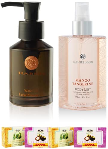 Harnn A50 Water Lily Facial Massage Oil & Bath & Bloom Mango Tangerine Body Oil Set - DHL Express - ThaiGiftShop | Spa & Self-Care Luxury Skincare Gift for Women | Free Tomato Facial Mask Included