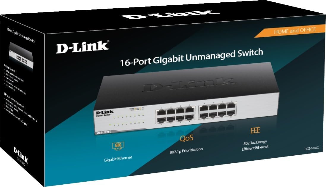 D-Link DGS-1016C 16-Port Gigabit Ethernet Switch | High-Speed Network Hub for Home & Office | Ideal for Gaming, Streaming & Small Business Networks