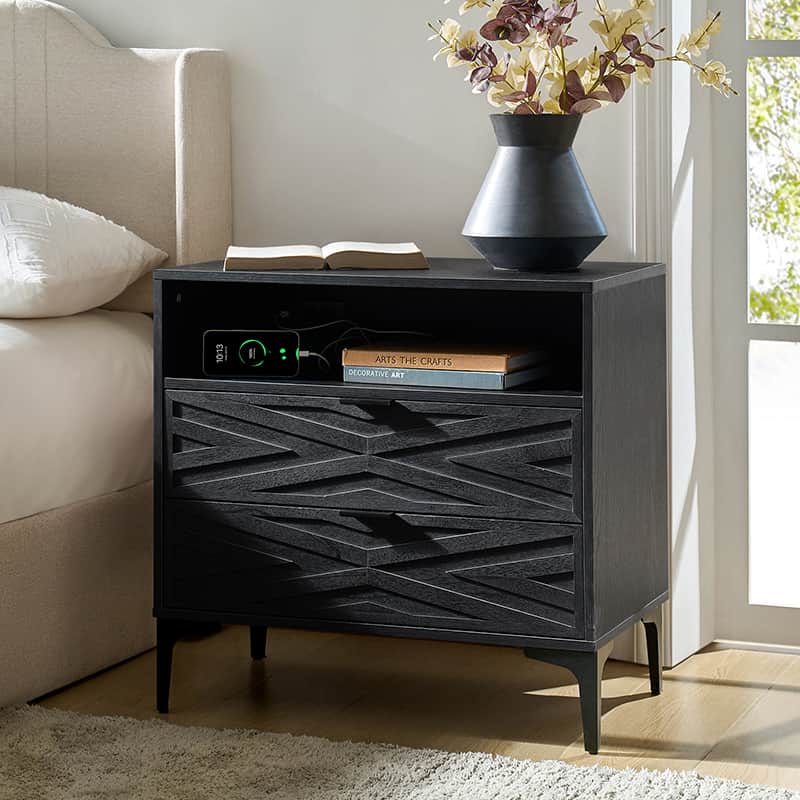 Beath 2 Drawer Nightstand with Open Top Shelf & USB Charging Port - Modern Bedside Table with Storage for Bedroom, Living Room, or Office (Multiple Color Options)