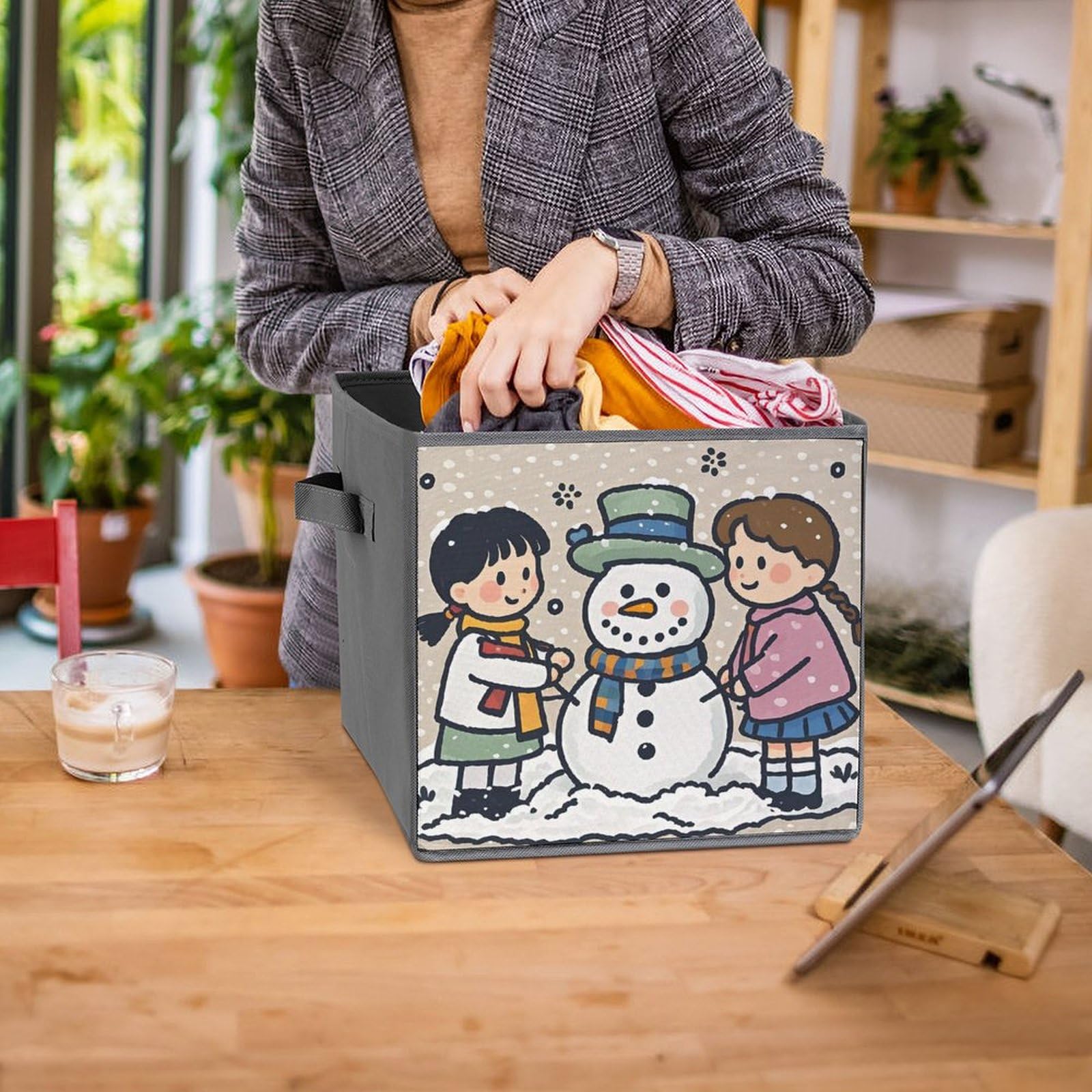 6-Piece Foldable Storage Bins with Handles - Large Capacity Snowman Printed Organizer Boxes for Playroom, Office & Home Organization | Perfect for Toys, Books & Seasonal Decor Storage