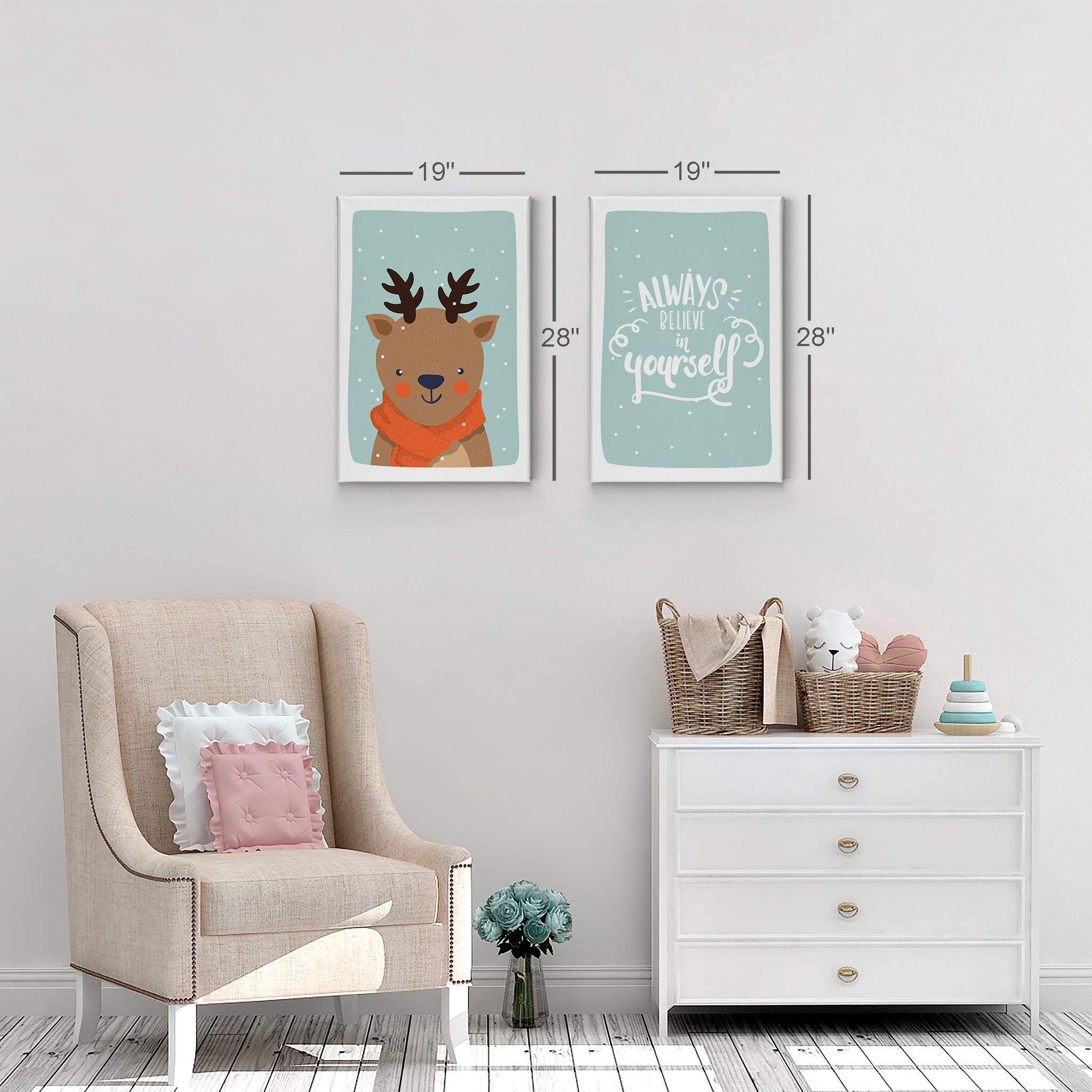 Smile Art Design Cute Deer Winter Theme Canvas Prints - 2 Piece Turquoise Background Wall Art Set (40x30 Inches) for Kids Room Decor, Nursery, Baby Boy & Girl Bedroom - Made in USA | Perfect for Christmas Gifts & Cozy Winter Home Decor