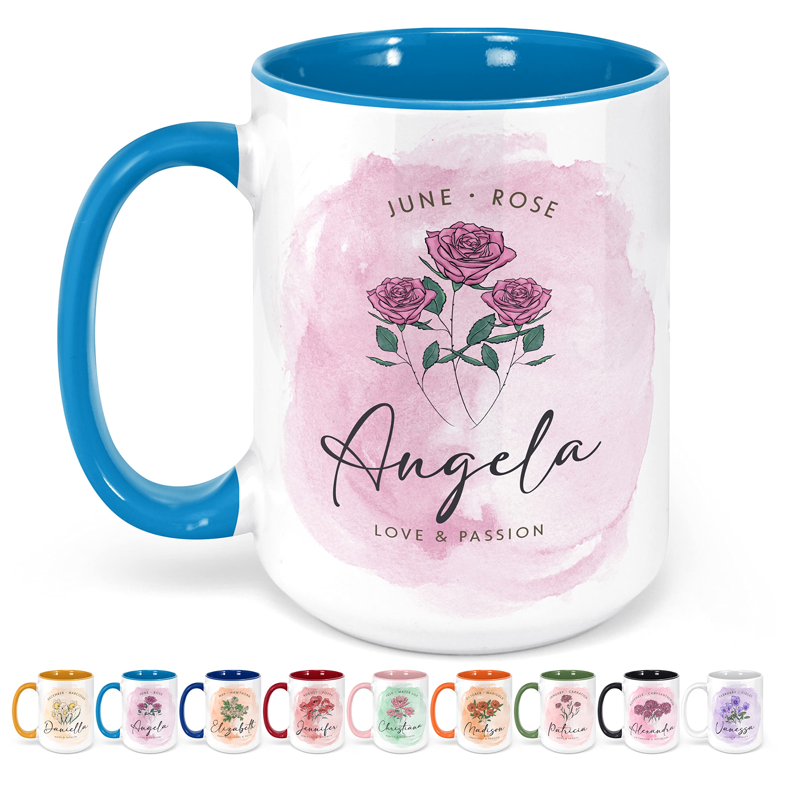 Personalized Birth Flower Coffee Mug for Women - 15 Oz Custom Name & Birth Month Ceramic Cup, Royal Blue - Thoughtful Birthday Gifts for Mom, Daughter, Wife | Perfect for Mother's Day, Christmas, Anniversary & Daily Coffee Time