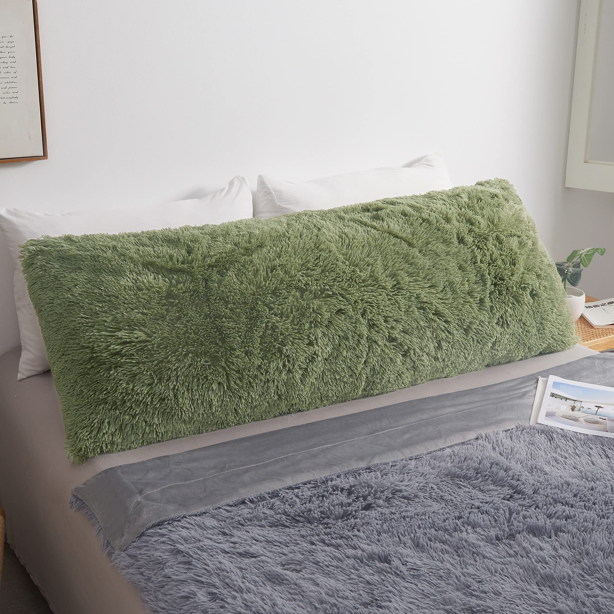 **MEGO Fluffy Body Pillow Cover 20x54 Inches - Soft Shaggy Faux Fur Pillow Case, Sage Green Plush Fuzzy Bed Pillow Cover with Zipper for Adults & Side Sleepers - Perfect for Lounging, Reading & Relaxing in Bed**
