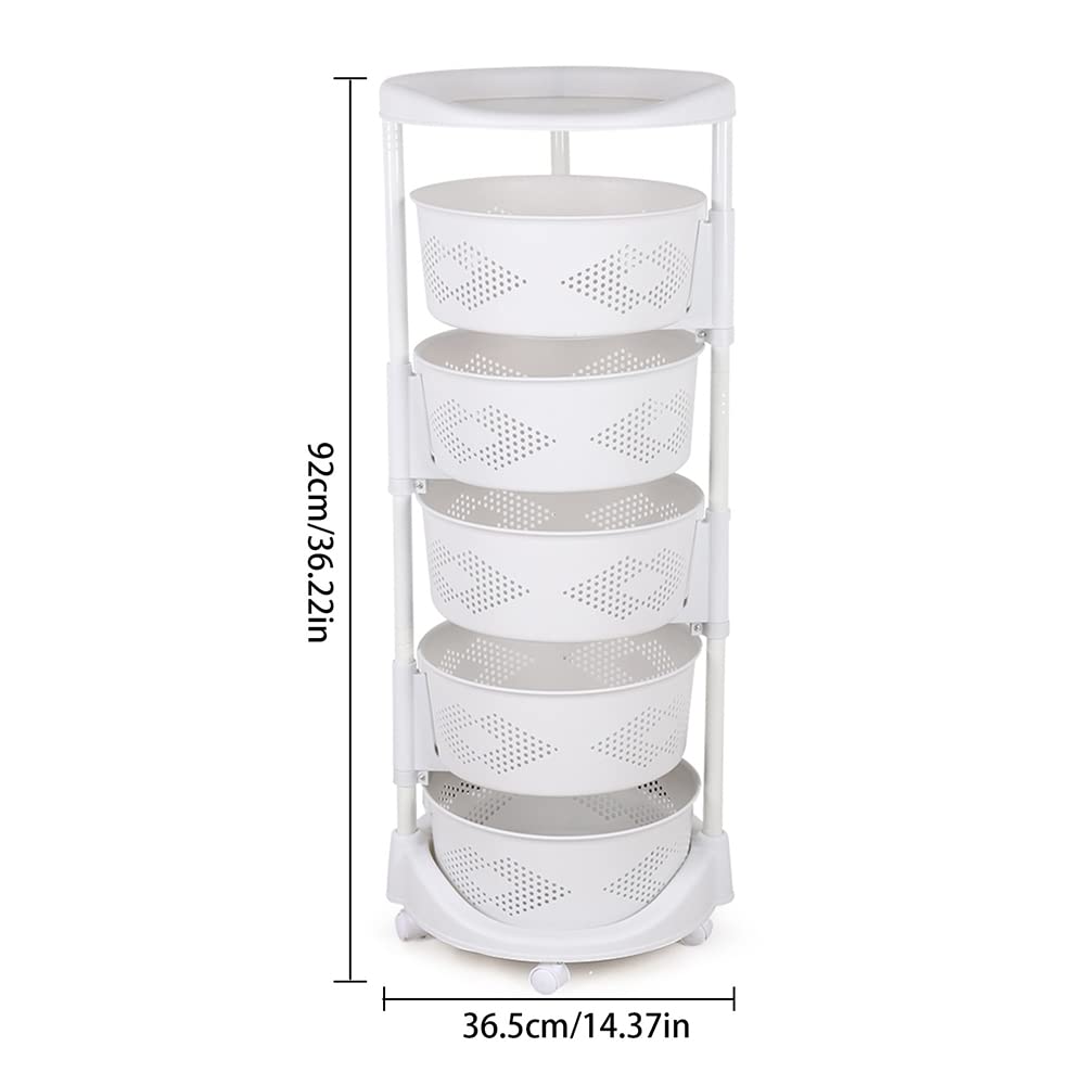 Kaibrite 5-Layer Rotating Kitchen Storage Rack with Wheels, Multi-Layer Revolving Basket Shelf for Kitchen, Bathroom, Laundry Room, Garage, White - Perfect for Organizing Spices, Cleaning Supplies, and Pantry Items