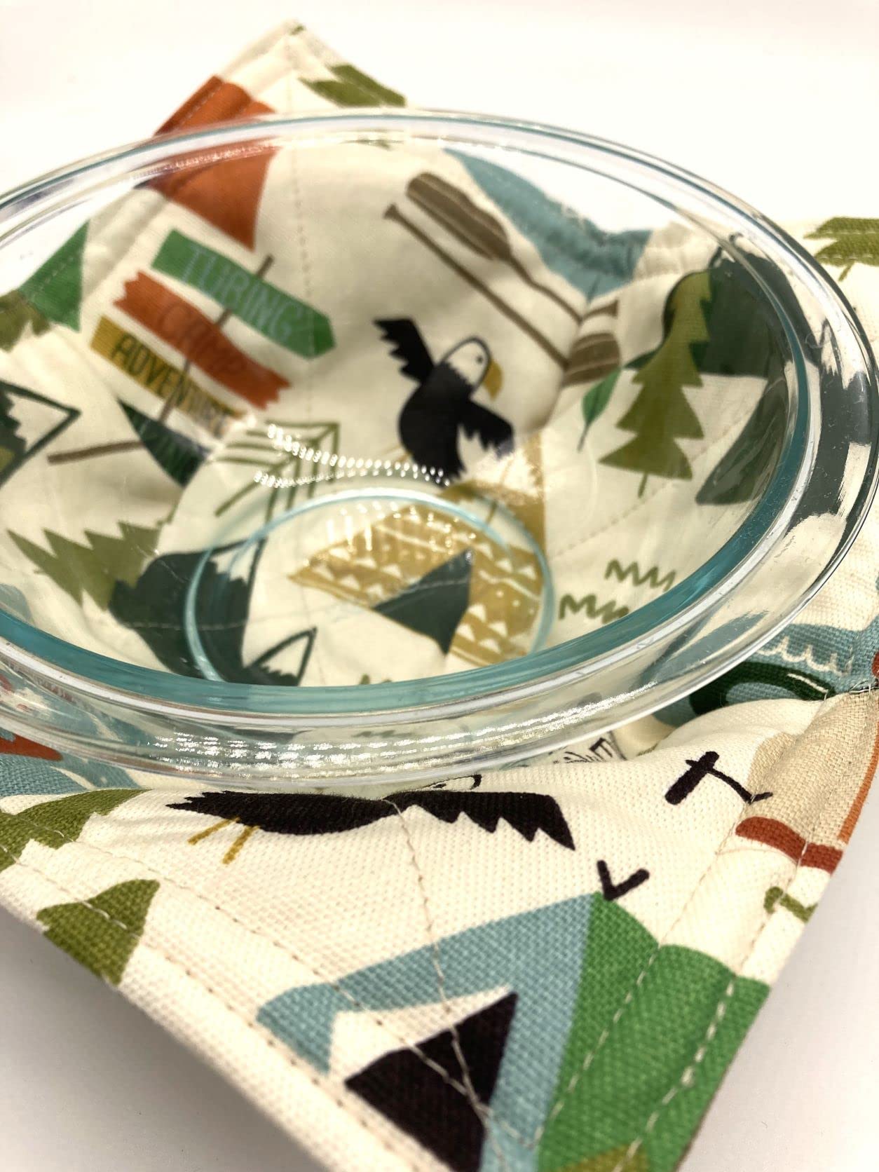 2-Pack Cotton Bowl Cozies - Microwave & Oven Safe Hot Pads for 8 Inch Bowls - Camping, Kitchen & Dining Essentials - Nature Beige Print with Multi-Color Design - Perfect for Hot Dishes, Soups & Baking