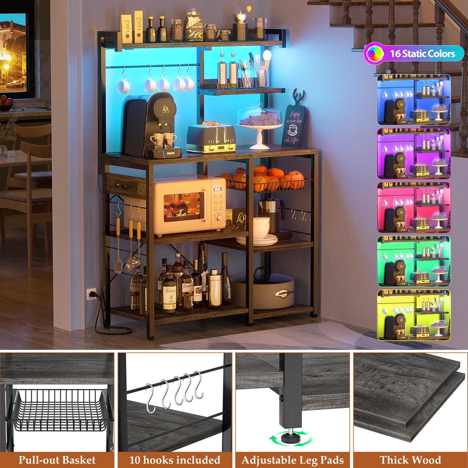 Aheaplus 3-Tier Bakers Rack with Power Outlet & LED Lights - Kitchen Storage Shelf with Microwave Stand, Wire Baskets & 10 Hooks for Spices, Pots - Coffee Bar Station Island Table in Black Oak - Perfect for Small Kitchens, Pantry Organization & Coffee Station Setup