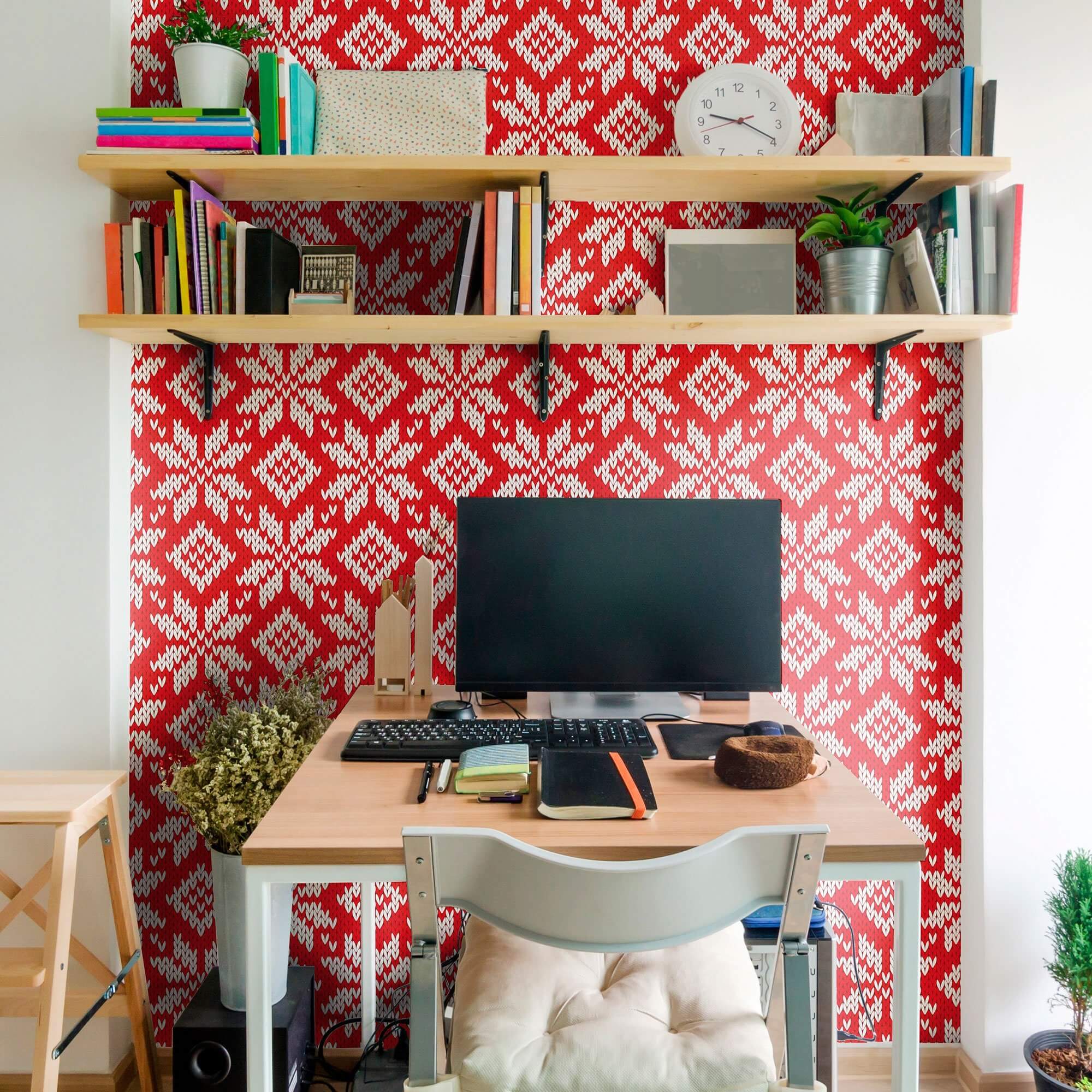 Red and White Geometric Peel and Stick Removable Wallpaper 7961 - Self-Adhesive Wall Decor for Bedroom, Living Room, Office