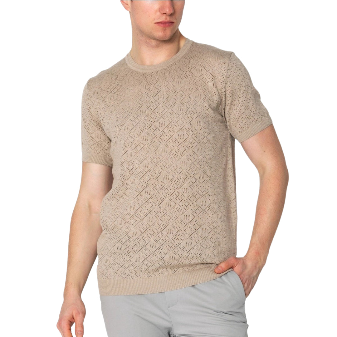 RNT23 Geometric Crochet T-Shirt for Women - Stylish Stone Wash Cotton Top for Casual Wear & Summer Outfits