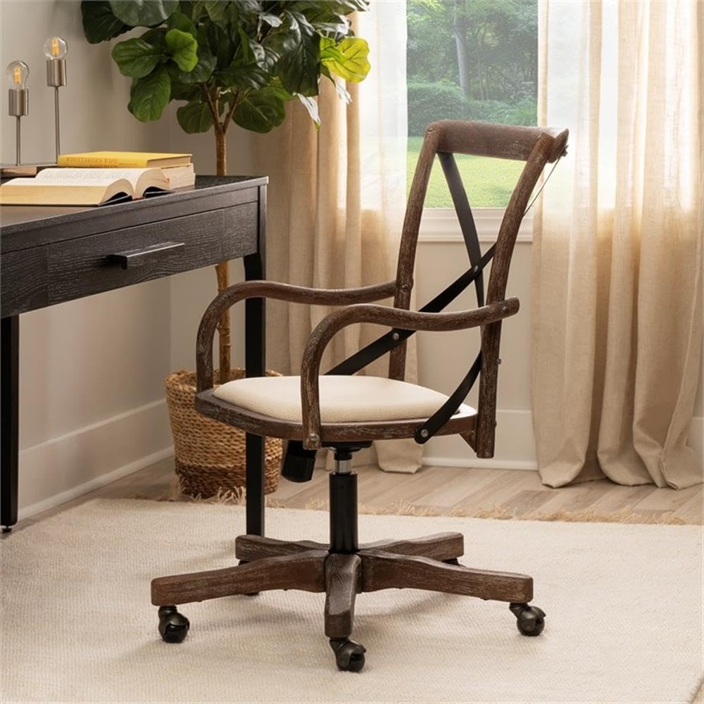 Linon Dudley Adjustable Swivel X-Back Padded Office Chair - Brown Leather Executive Desk Chair for Home, Office & Cafe Use - Ergonomic Comfort for Long Work Hours
