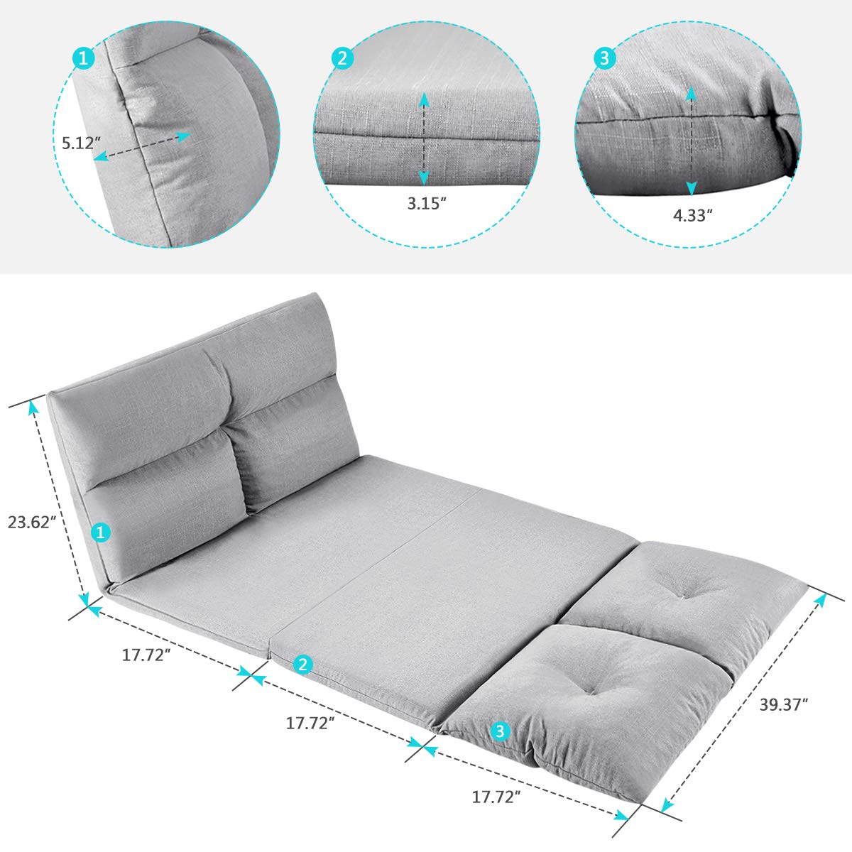 Harper & Bright Designs Adjustable Floor Sofa & Couch - 5 Position Reclining Gaming Chair & Loveseat for Living Room, Bedroom & Game Room - Comfortable Grey Floor Seating for Relaxing, Gaming & Lounging