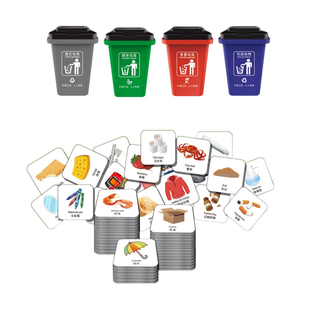 Kids Trash Can Toy Set - 4pc Garbage Sorting Bins with 108 Educational Cards (Chinese/English) & Mini Trash Truck - Eco-Friendly Waste Management Learning Game for Toddlers & Preschoolers | Perfect for Home, Classroom & Playroom Recycling Activities