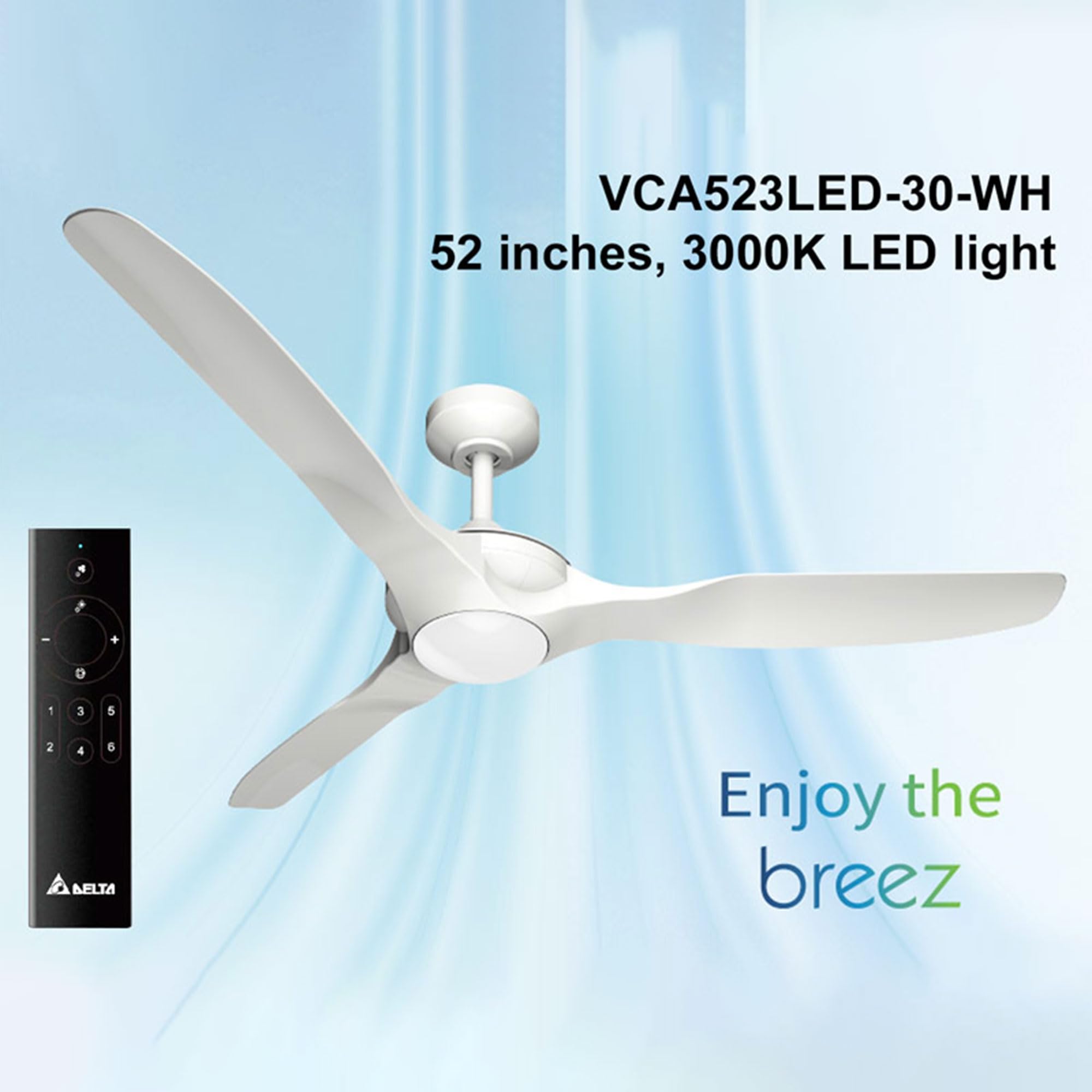 Breez Delta 52 Inch Ceiling Fan with LED Light and Remote Control - Indoor Outdoor Ceiling Fan for Bedroom, Living Room, Patio - White (Benicia Collection)