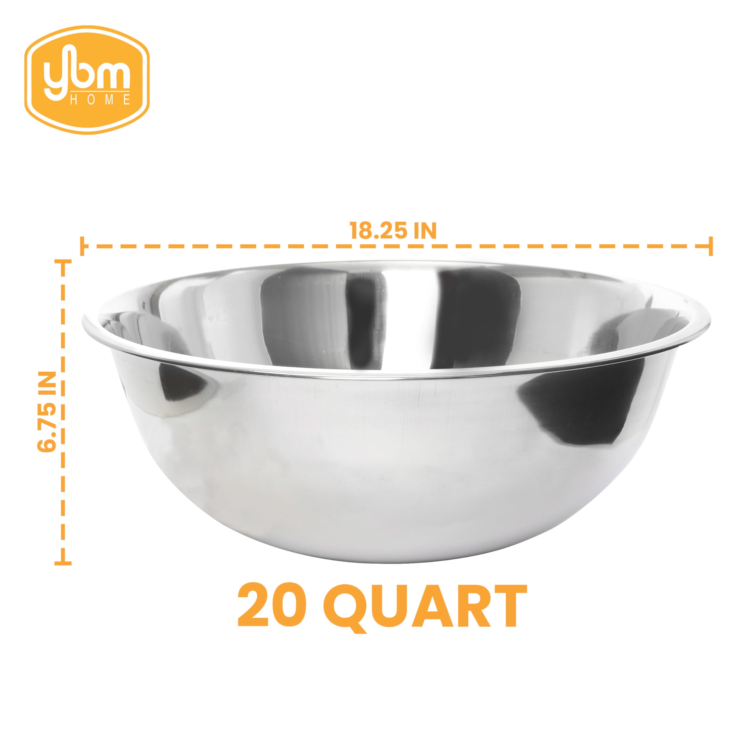 YBM Home 20-Quart Stainless Steel Mixing Bowl Set - Professional Deep Metal Bowls for Sourdough, Dough Kneading, Baking & Cooking - Durable Nesting Bowls for Kitchen & Serving - Polished Silver - Perfect for Home Bakers, Restaurants & Catering Events