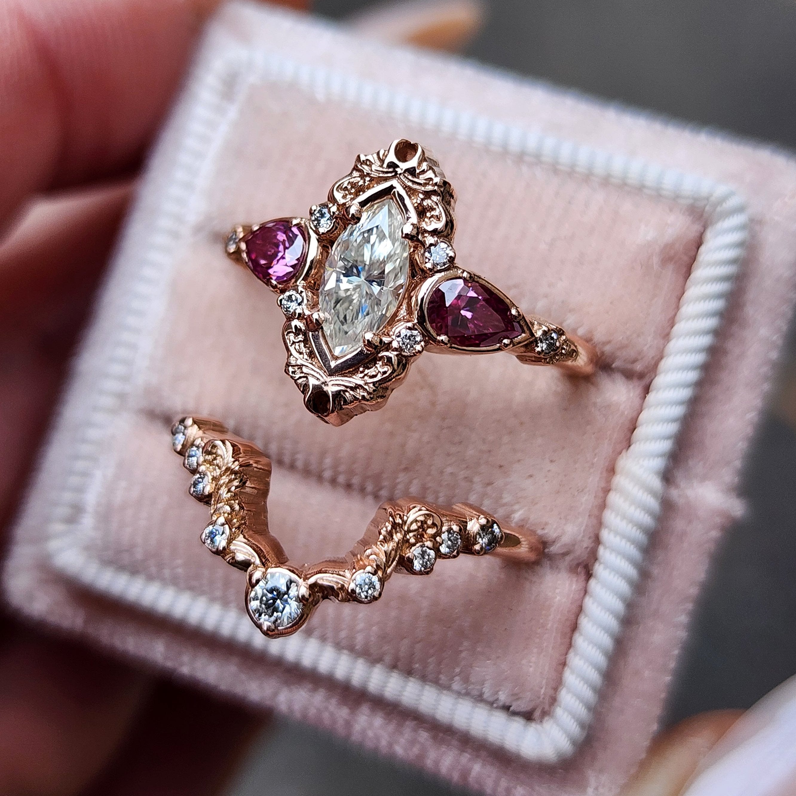 Odette Marquise Engagement Ring Set with Pink Moissanite Pear Accents & Gold Scroll Details - Matching Diamond Wedding Band for Women | Perfect for Proposals, Anniversaries & Bridal Jewelry