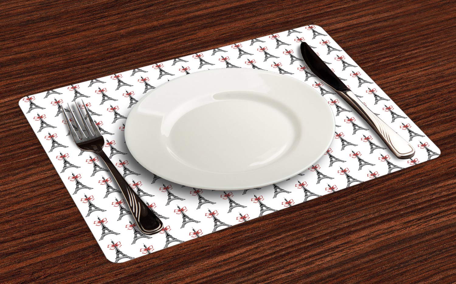 Ambesonne Eiffel Tower Place Mats Set of 4 - Parisian Sketch Art Style Washable Fabric Dining Table Mats - Standard Size Ruby Black White - Perfect for French Theme Dinner Parties & Home Decor