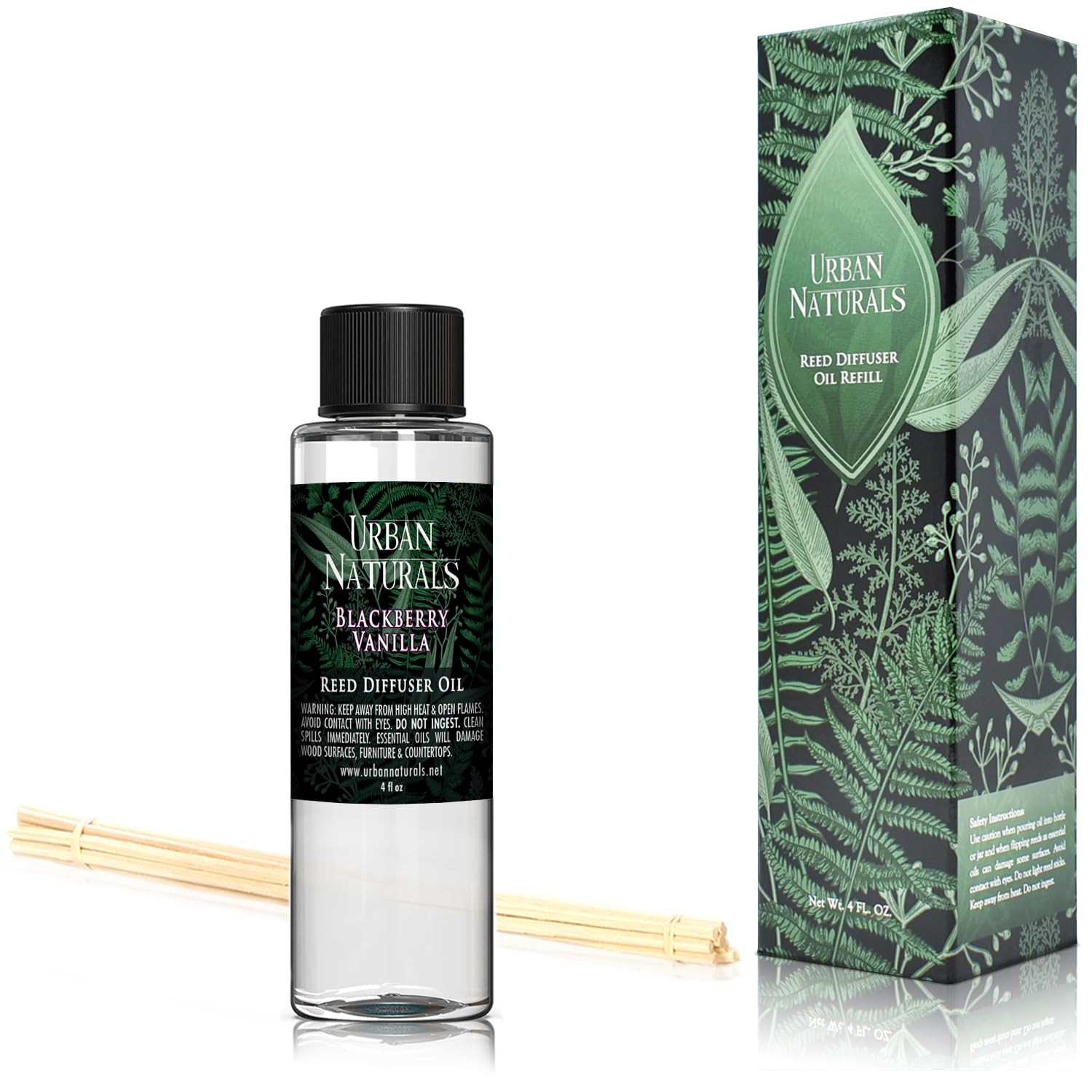 Urban Naturals BlackBerry Vanilla Reed Diffuser Refill Oil 4 oz - Essential Oil Blend with Ripe Blackberries, Warm Vanilla & Patchouli | Includes Free Reed Sticks | Made in USA | Perfect for Home, Office & Spa Aromatherapy