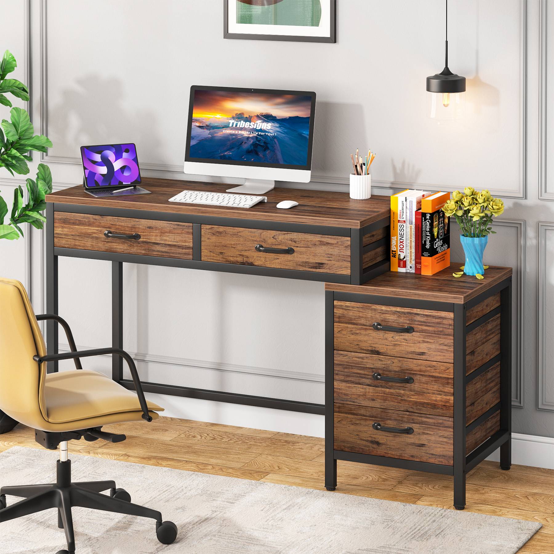5-Drawer Computer Desk with Reversible Cabinet - Sturdy Study & Writing Table for Home Office, Gaming, and Workspace Organization
