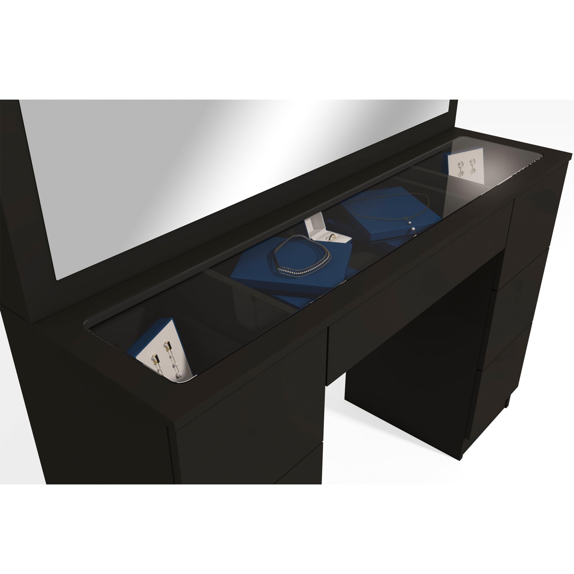 Boahaus Yara Large Makeup Vanity Desk with Hollywood Lights & 7 Drawers - USB Type-C/A Ports, 110V Outlet, Hair Dryer Hanger - Glass Top & Crystal Knobs - Black Finish for Bedroom, Dressing Room & Beauty Salon