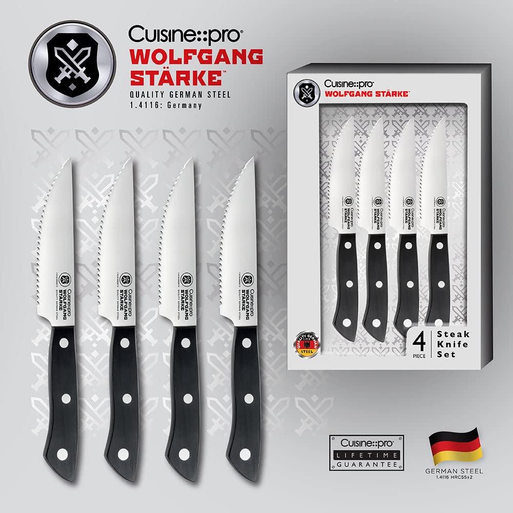 Premium Wolfgang Starke 4-Piece Stainless Steel Steak Knife Set - Razor Sharp Blades, Ergonomic Handles - Perfect for Steak Dinners, BBQ Parties & Fine Dining Experience