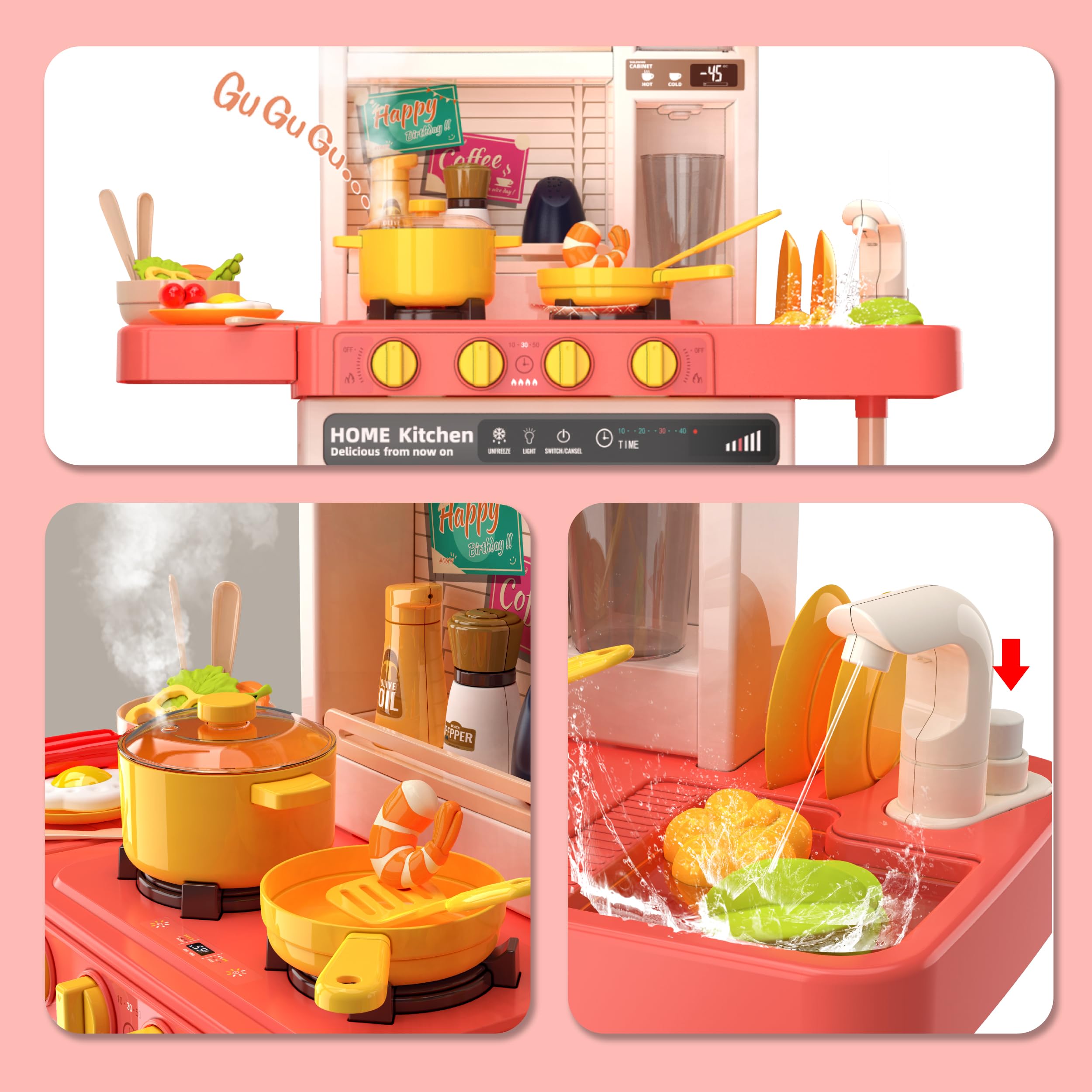 Interactive Kids Kitchen Play Set with 50Pcs Pretend Food & Cooking Toys - Realistic Sound Effects & Simulated Functions for Toddlers Ages 2-12 - Pretend Play, Role Play & Early Learning (Pink) | Perfect for Birthday Gifts, Preschool Education & Family Fun Time