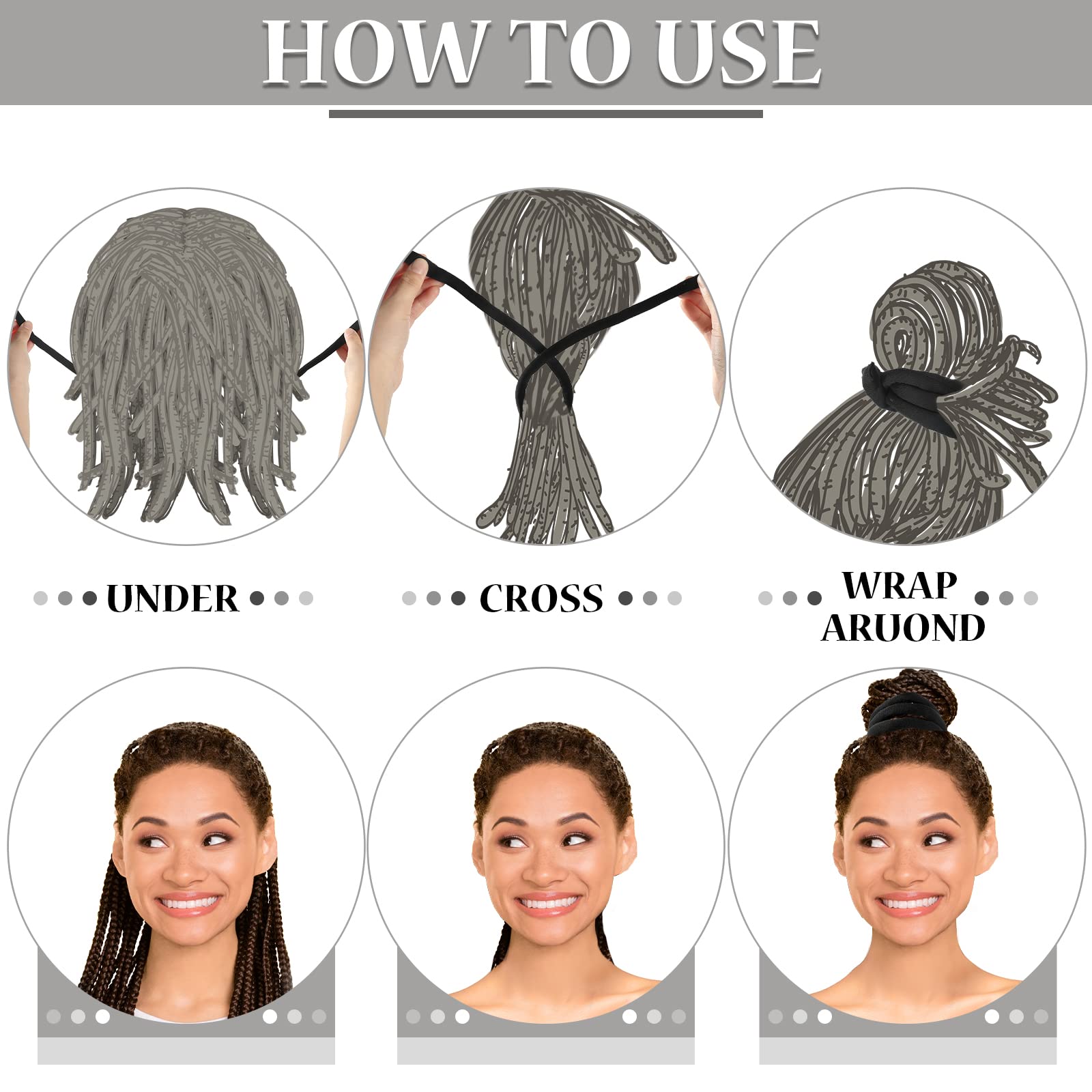 6 Pack Iron Wire Embedded Hair Ties - Spiral Lock Hair Bands for Women & Men - Bendable Dreadlocks Holders for Thick Curly Hair (Black) - Perfect for Gym, Yoga, Workout and Daily Styling
