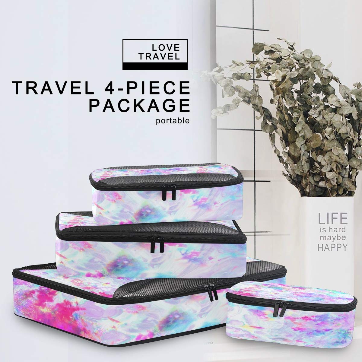 Abstract Tie Dye Rainbow Print Packing Cubes Set (4 PCS) - Compression Travel Organizer Bags for Suitcases & Luggage - Perfect for Vacation, Business Trips & Weekend Getaways