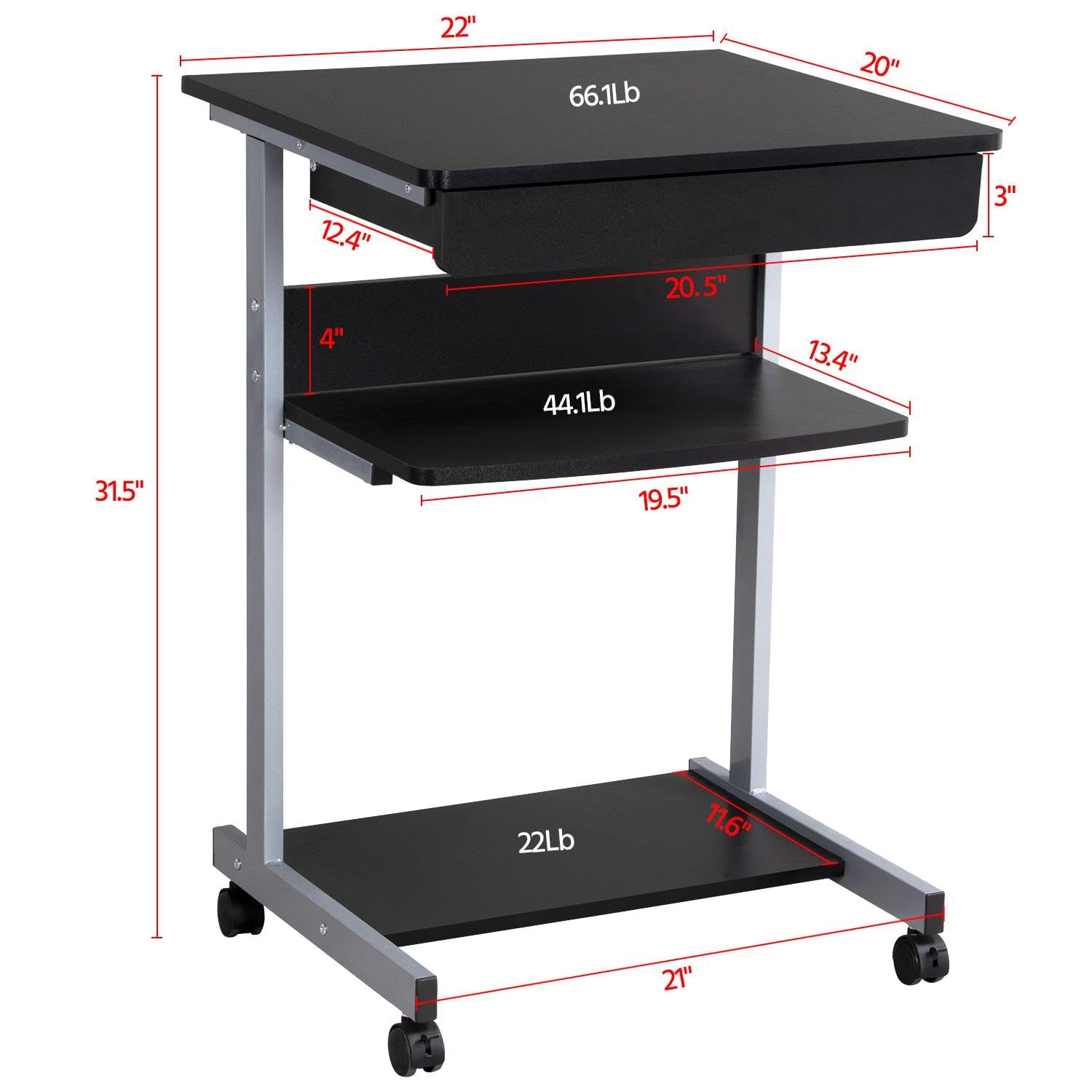 Topeakmart Mobile Compact Computer Desk Cart with Wheels - Small Space Workstation, Writing Desk with Drawers & Printer Shelf | Ideal for Home Office, Dorm Room, and Small Apartment Workspaces