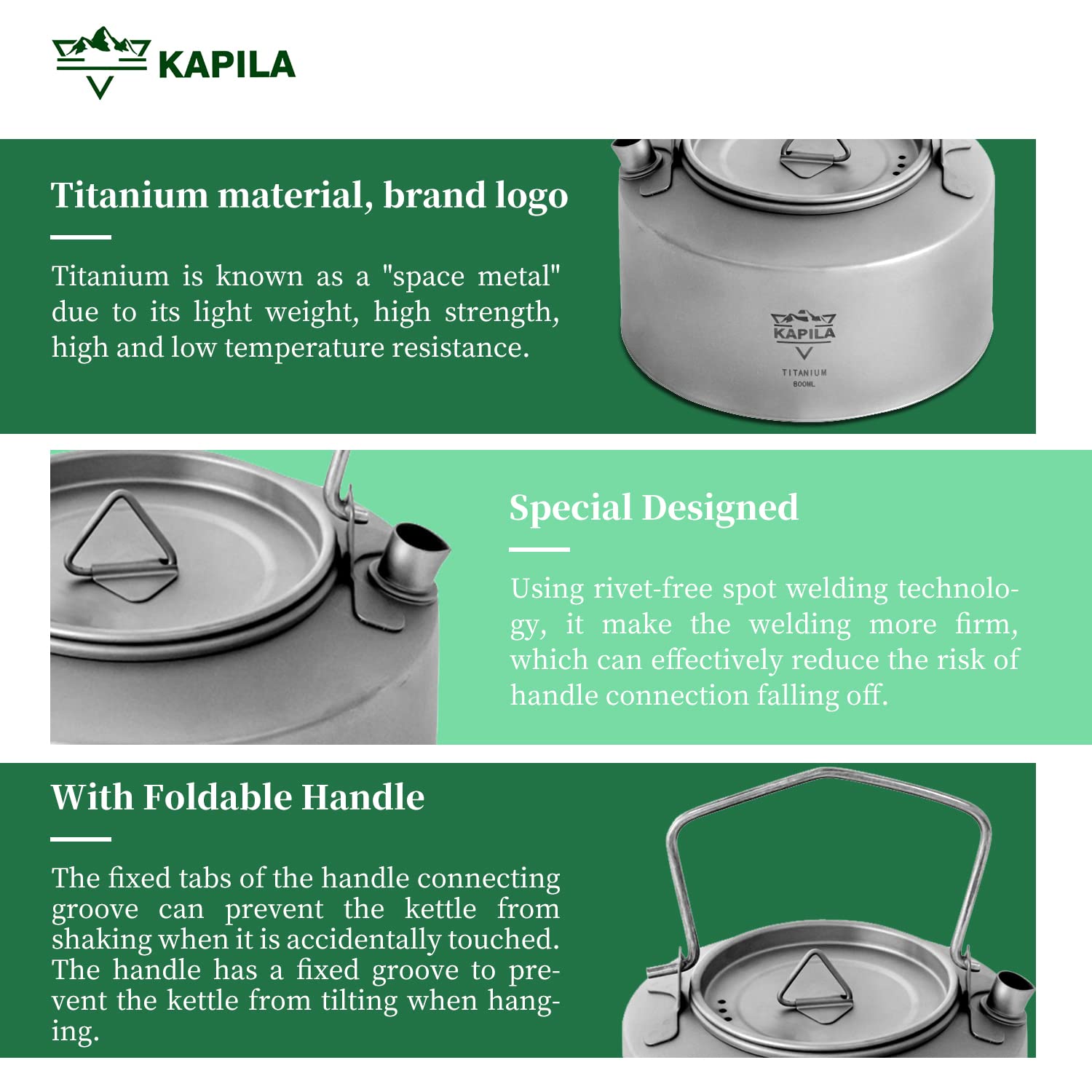 KAPILA 800ml Titanium Camping Kettle - Ultralight Folding Handle Tea & Coffee Pot for Backpacking, Hiking, Outdoor Adventures - Perfect for Camping, Travel & Emergency Preparedness