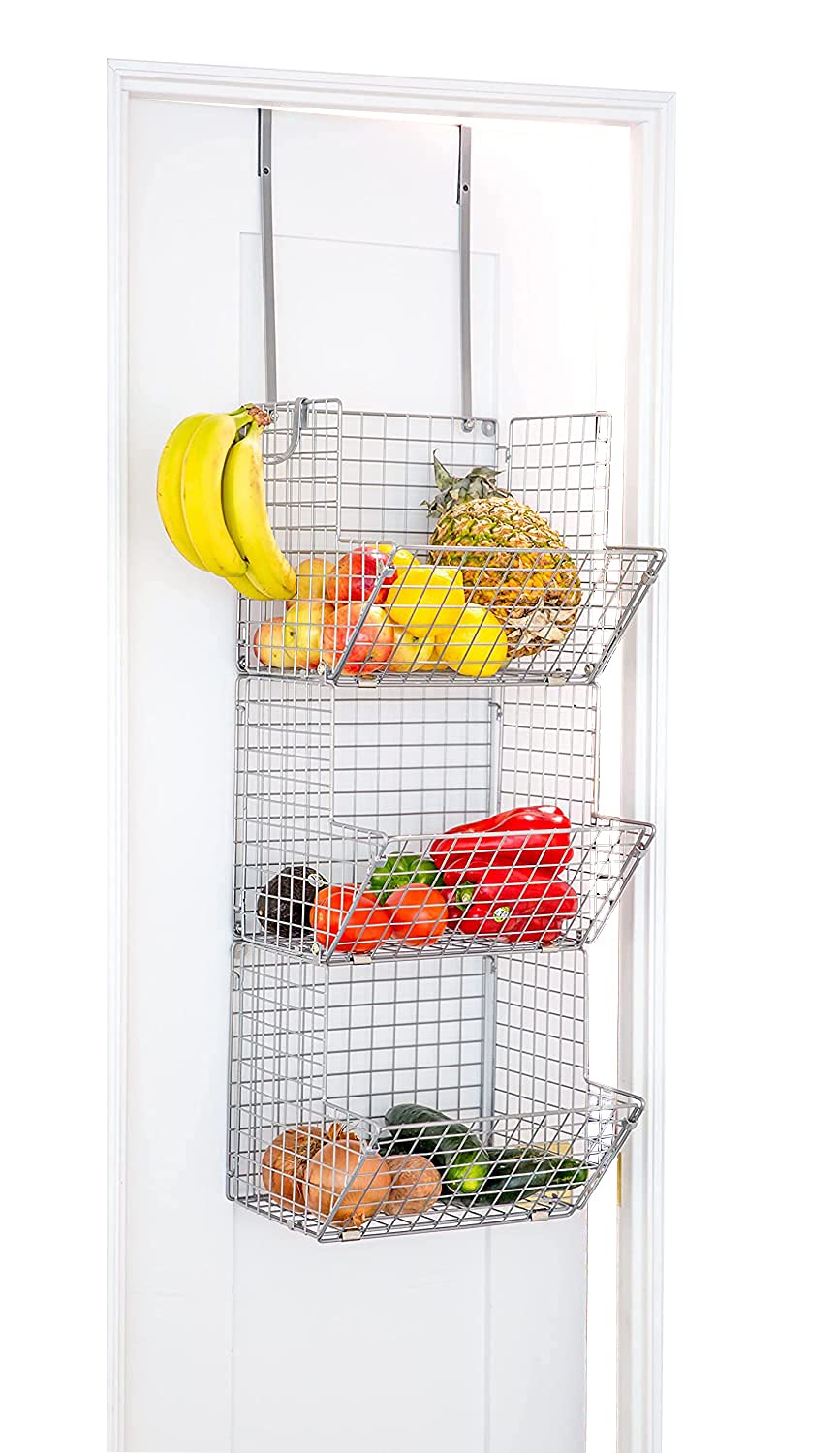 Over the Door Hanging Fruit Basket Shelves - Metal Wire Tier Wall Mounted Organizer for Kitchen, Bathroom & Pantry Storage - Perfect for Fruits, Towels, Snacks & Produce (Silver) - Space Saving Solution for Small Homes & Apartments